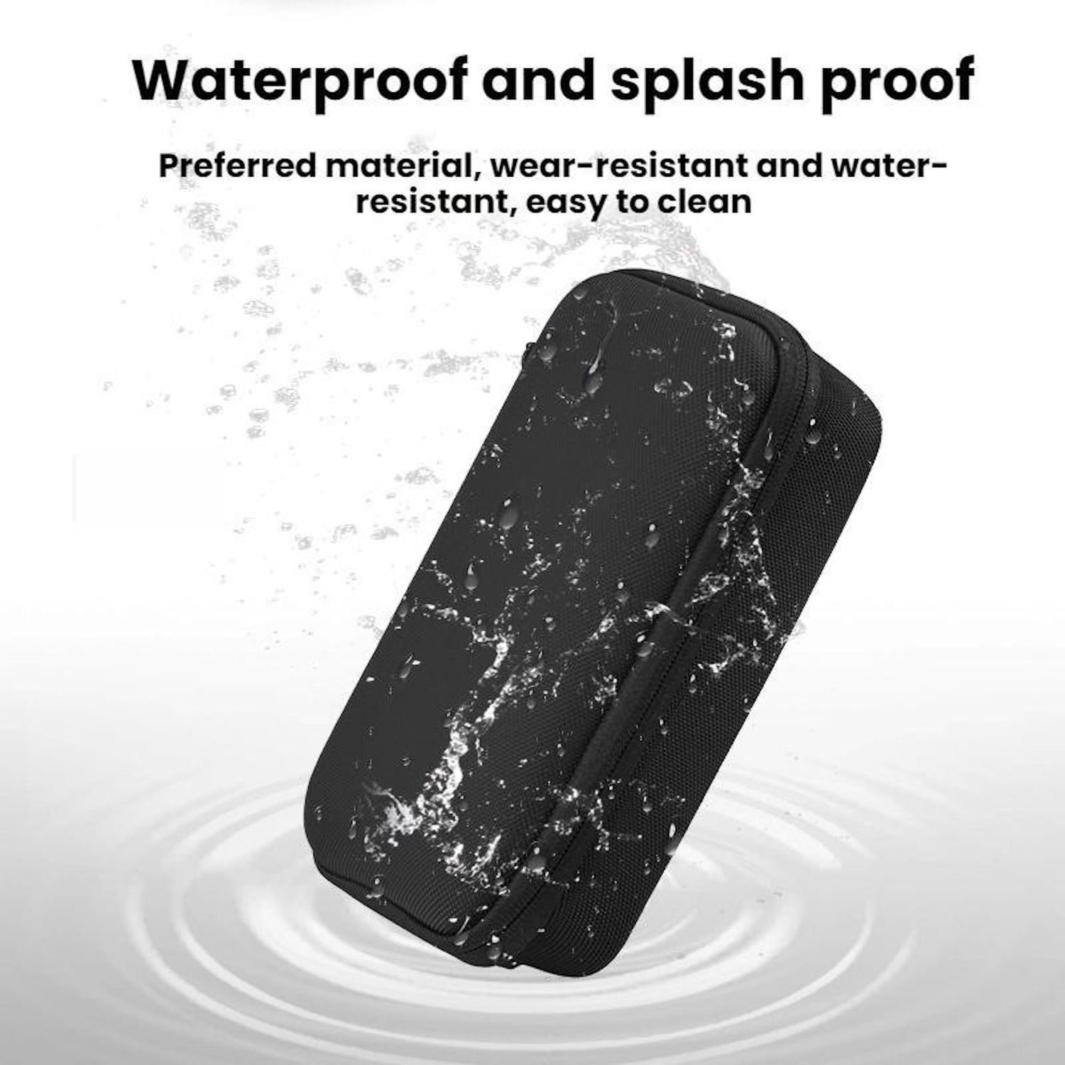 Una custodia rettangolare nera con gocce d'acqua e il testo: Impermeabile e a prova di spruzzi, resistente all'usura, facile da pulire.