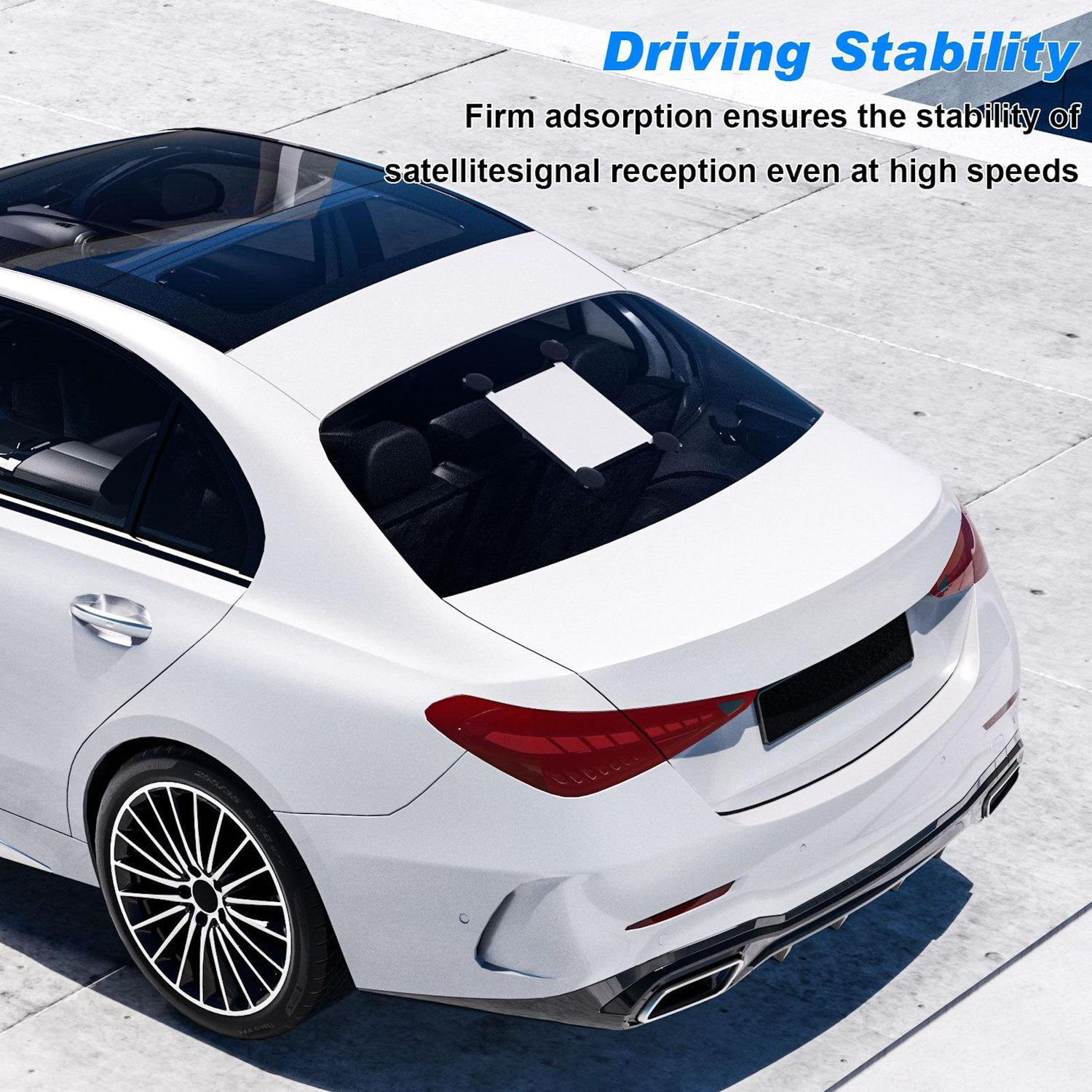 Weißes Auto mit Schiebedach auf Beton. Text sagt 'Fahrstabilität' und erwähnt Satellitensignalempfang.