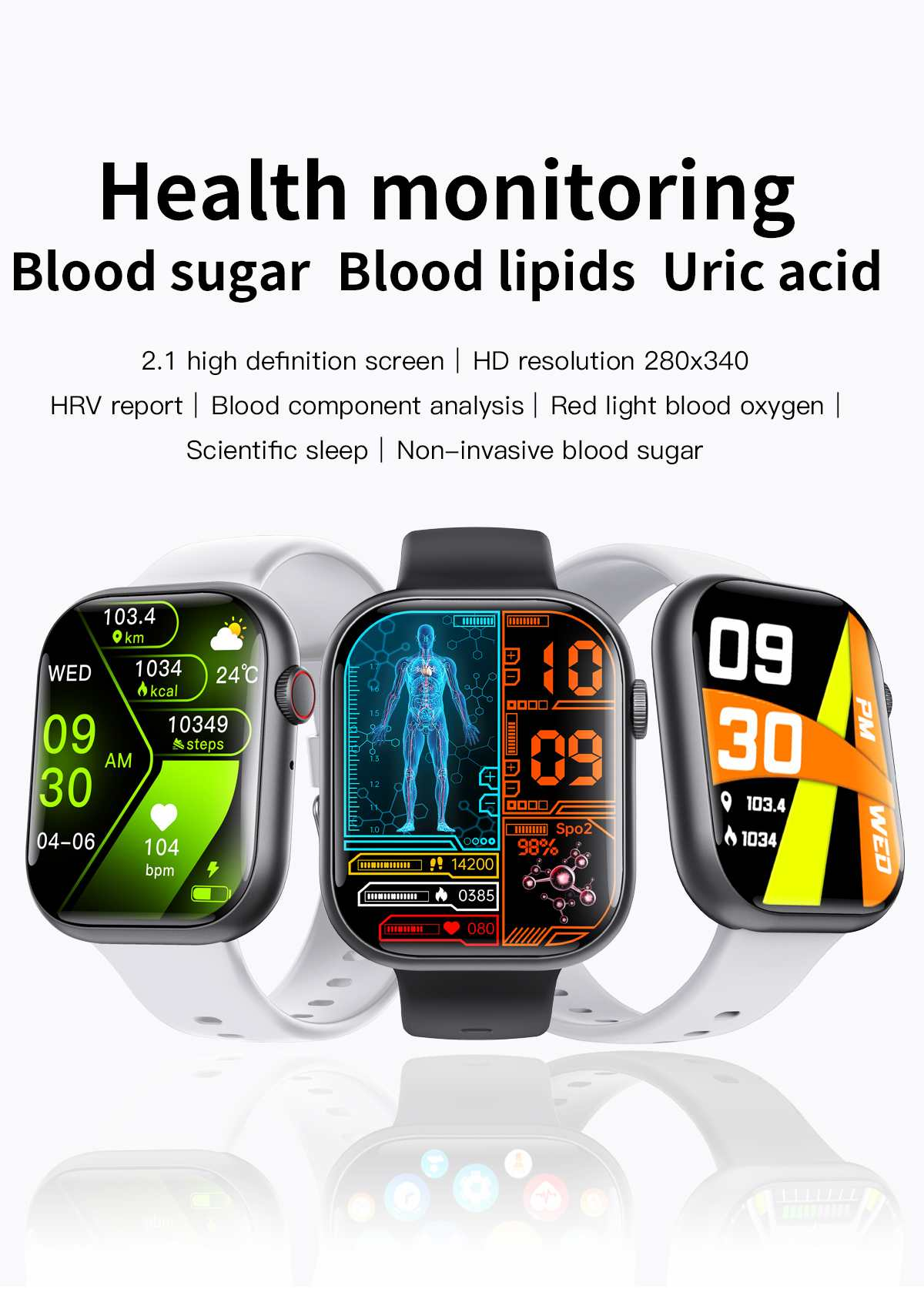 Smartwatches zeigen Gesundheitsmetriken an: Blutzucker, Blutfette. Bildschirme zeigen Vitalwerte wie Herzfrequenz, Schritte und Blutsauerstoff.