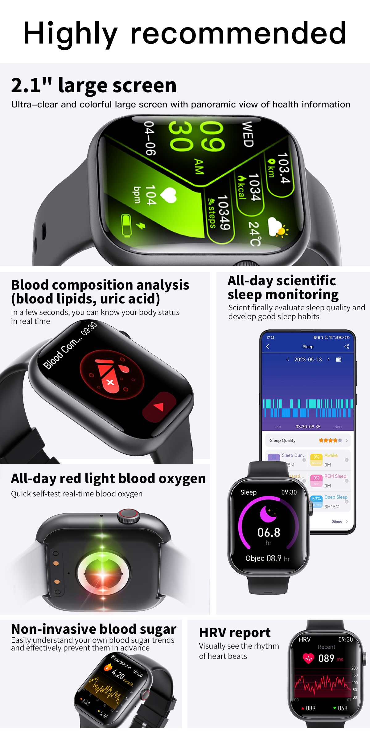 Smartwatch, die Gesundheitsmetriken wie Herzfrequenz, Schritte und Schlafdaten sowie Blutzucker- und Blutsauerstoffwerte anzeigt.