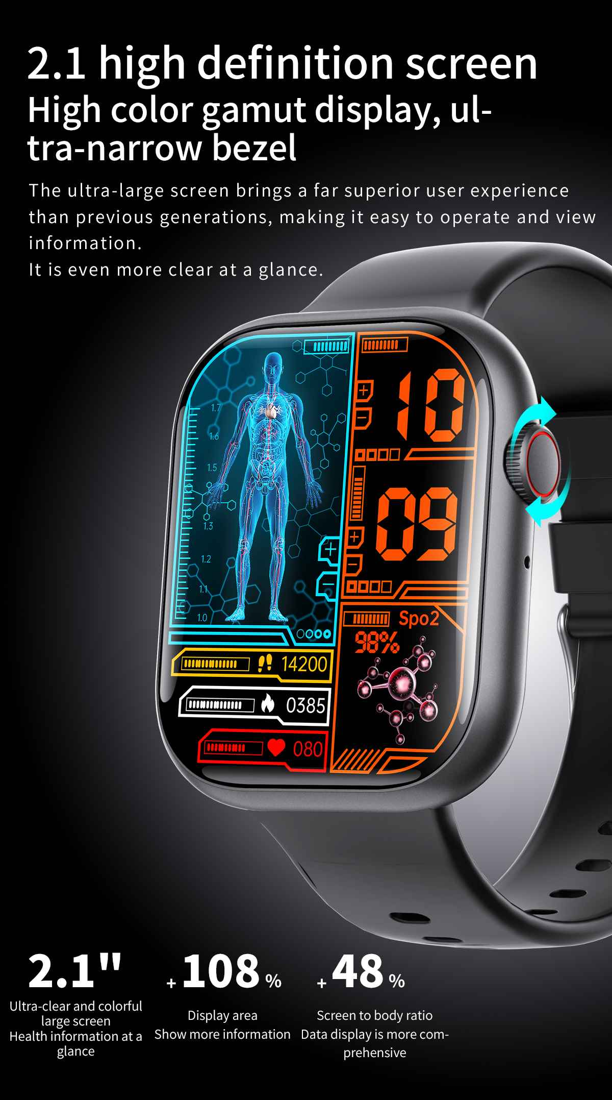 Smartwatch mit Gesundheitsdaten, einschließlich Diagramm einer menschlichen Figur, Vitalzeichen und Uhrzeit. Schwarzes Armband und Lünette.