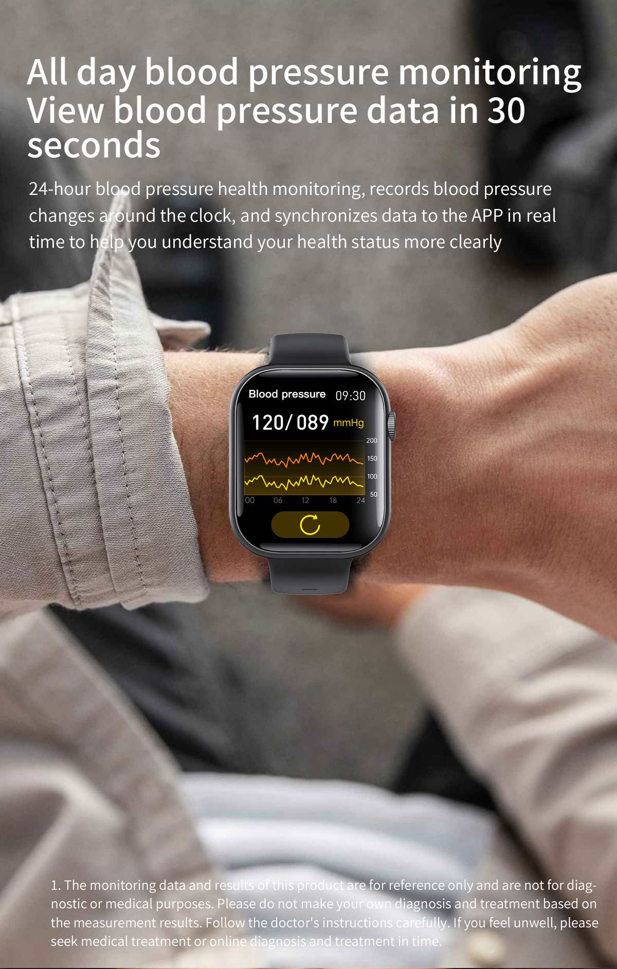 Ein Handgelenk mit einer Smartwatch, die Blutdruckwerte und ein Wellenformdiagramm anzeigt.