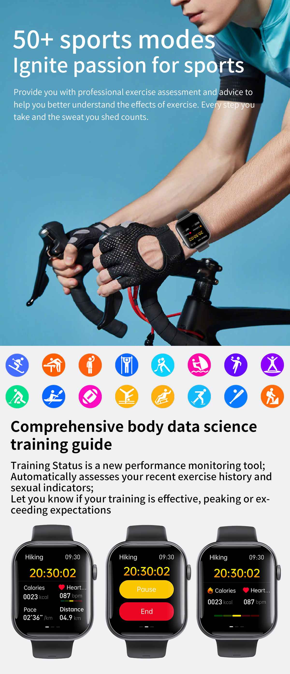 Eine Person auf einem Fahrrad mit Smartwatch. Text auf der Uhr zeigt Trainingsdaten. Symbole verschiedener Sportarten sind sichtbar.