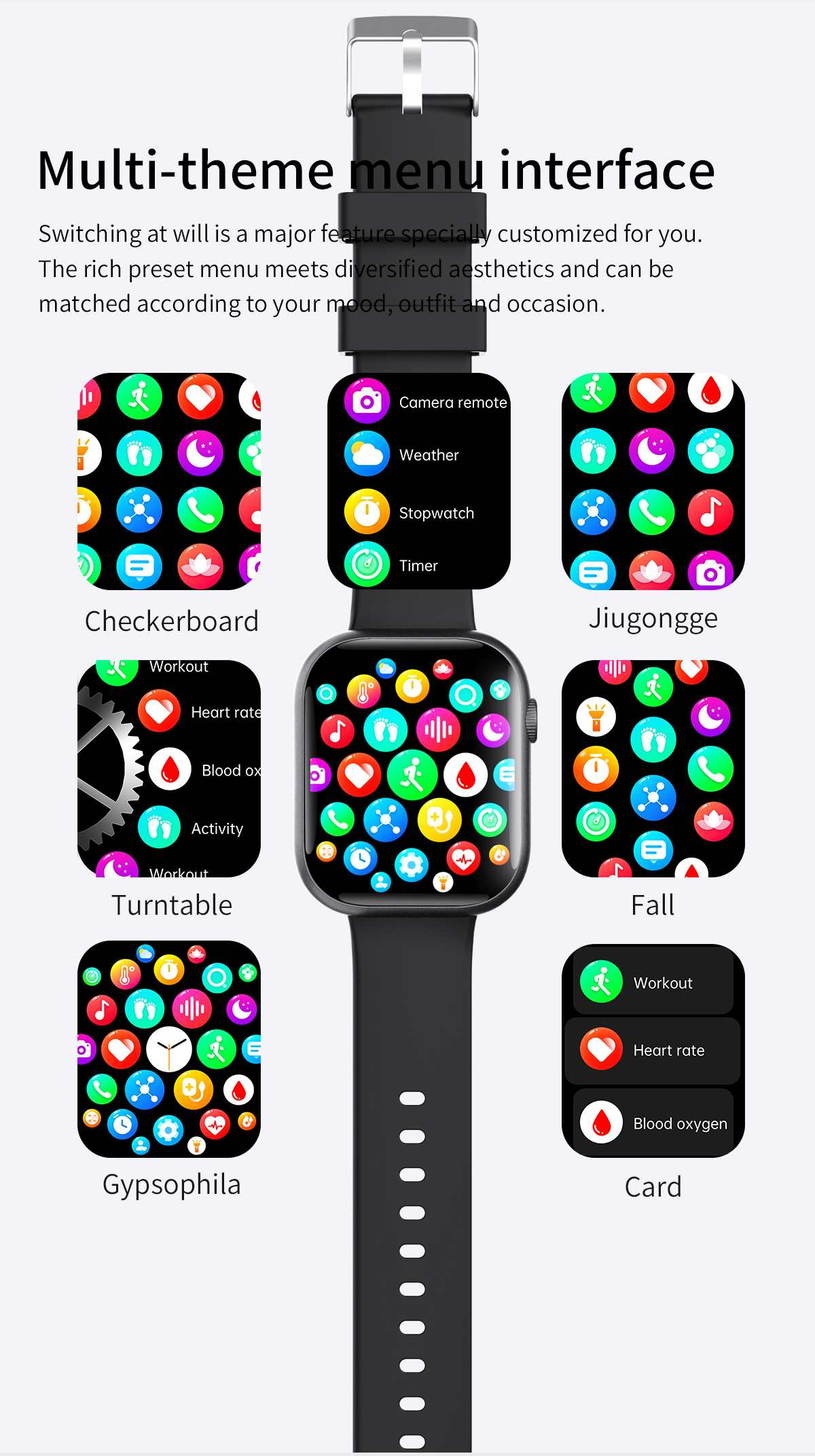 Smartwatch-Oberfläche mit Multi-Theme-Menüs. Funktionen umfassen Fernbedienung, Wetter, Stoppuhr und Trainingsoptionen.