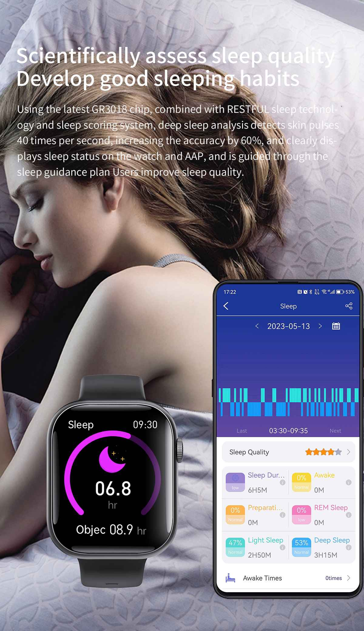 Eine Person im Bett mit einer Smartwatch, die Schlafdaten anzeigt, und ein Telefon, das eine Schlafanalyse zeigt.