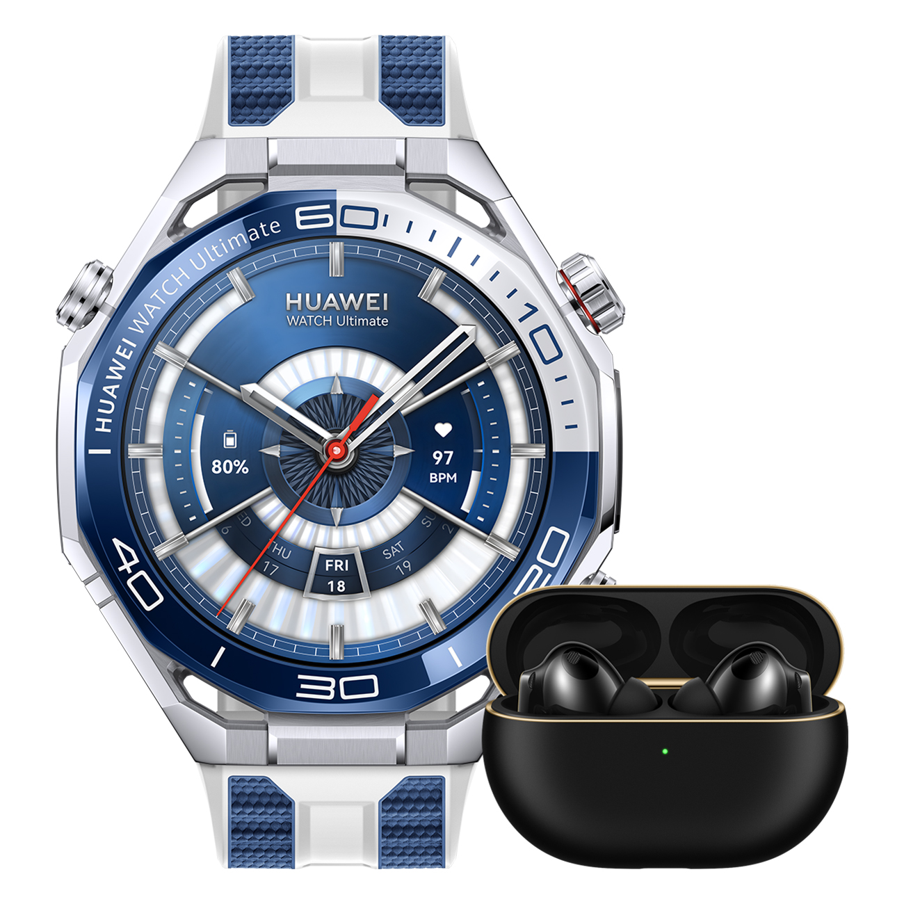 Eine Huawei Watch Ultimate Smartwatch und schwarze Ohrhörer in einem Ladeetui. Die Uhr ist weiß, blau und silber.