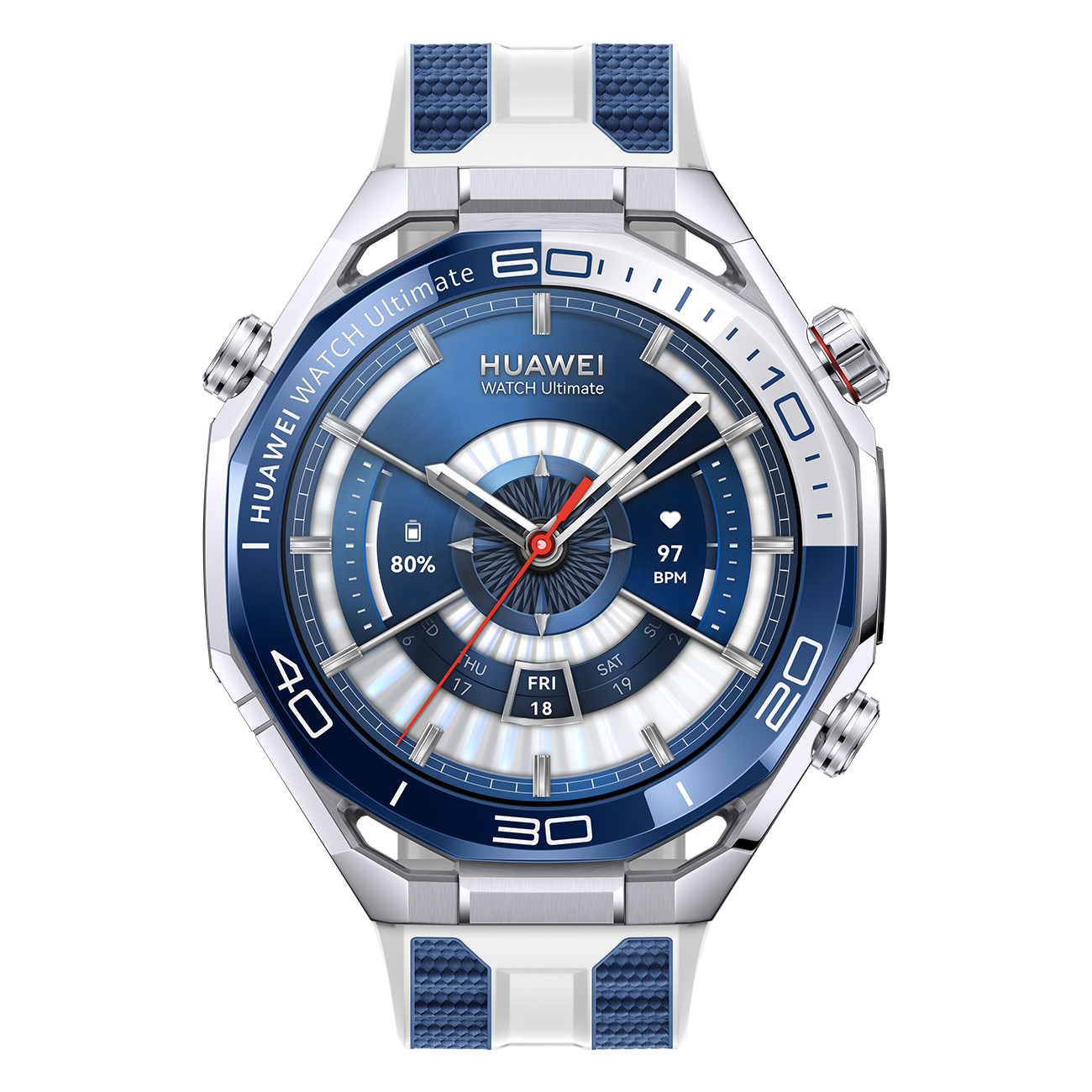 Eine Huawei Watch Ultimate mit blauem und weißem Design. Die Uhr zeigt Uhrzeit, Akkulaufzeit und Gesundheitsmetriken an und hat einen roten Sekundenzeiger.