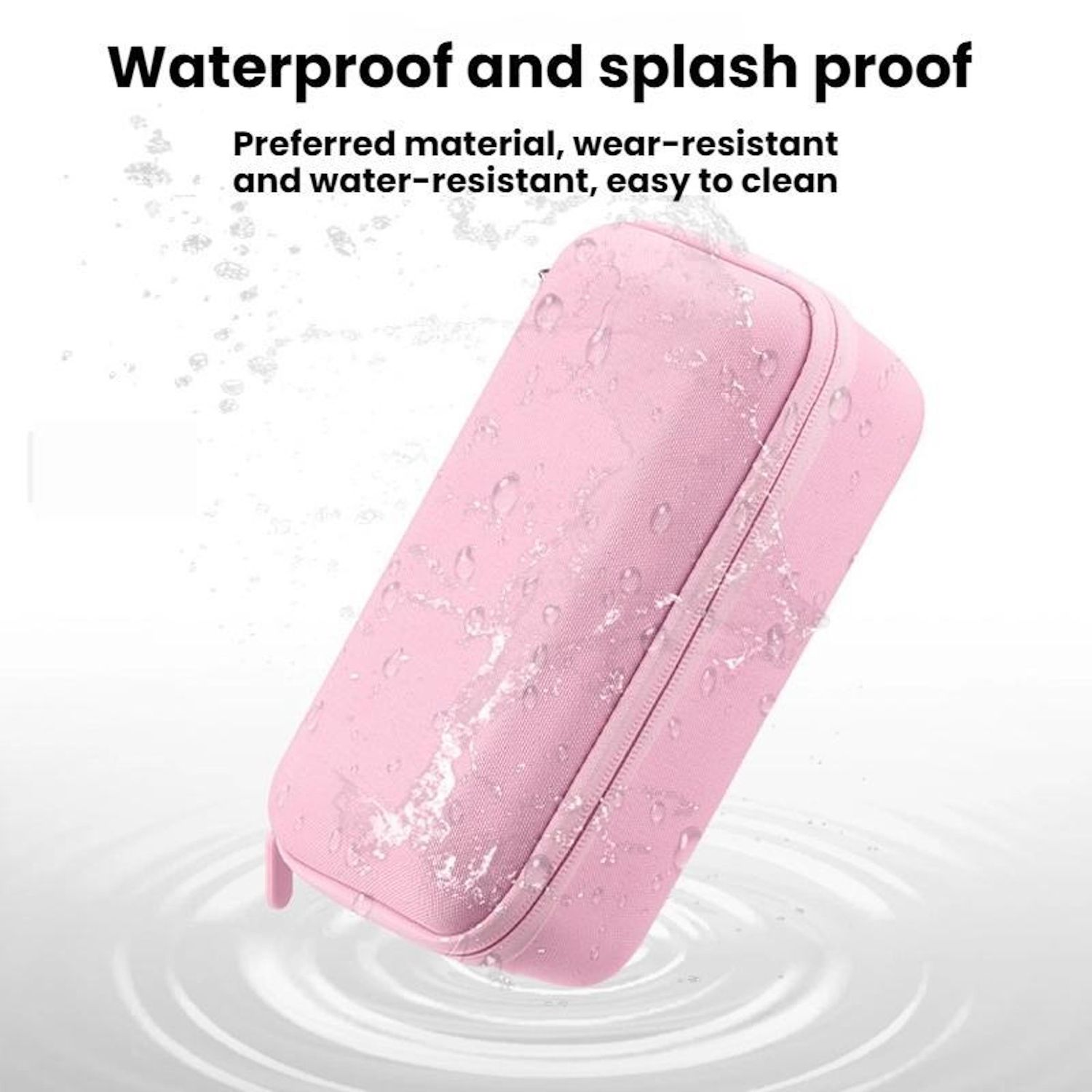 Eine rosa rechteckige Hülle mit Wassertropfen, was auf wasserdichte und spritzwassergeschützte Eigenschaften hindeutet. Text: verschleißfest und leicht zu reinigen.