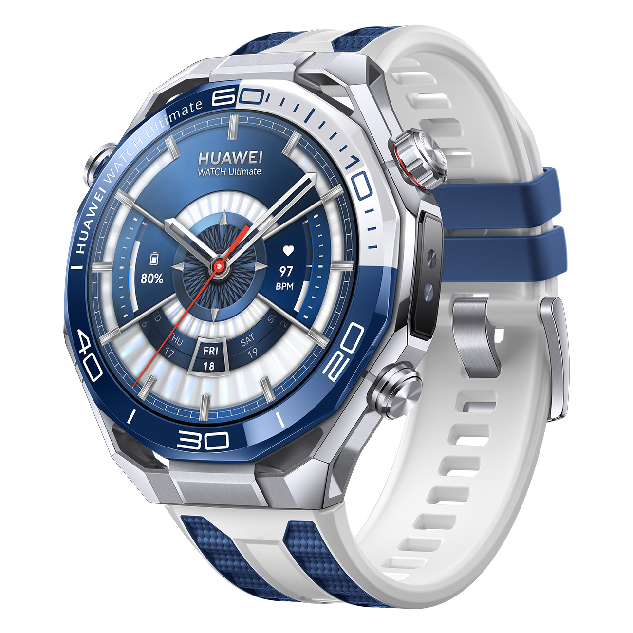Eine Huawei Watch Ultimate Smartwatch. Sie hat ein blau-weißes Zifferblatt, ein weißes Armband und eine metallische Lünette. Die Uhr zeigt Daten an.