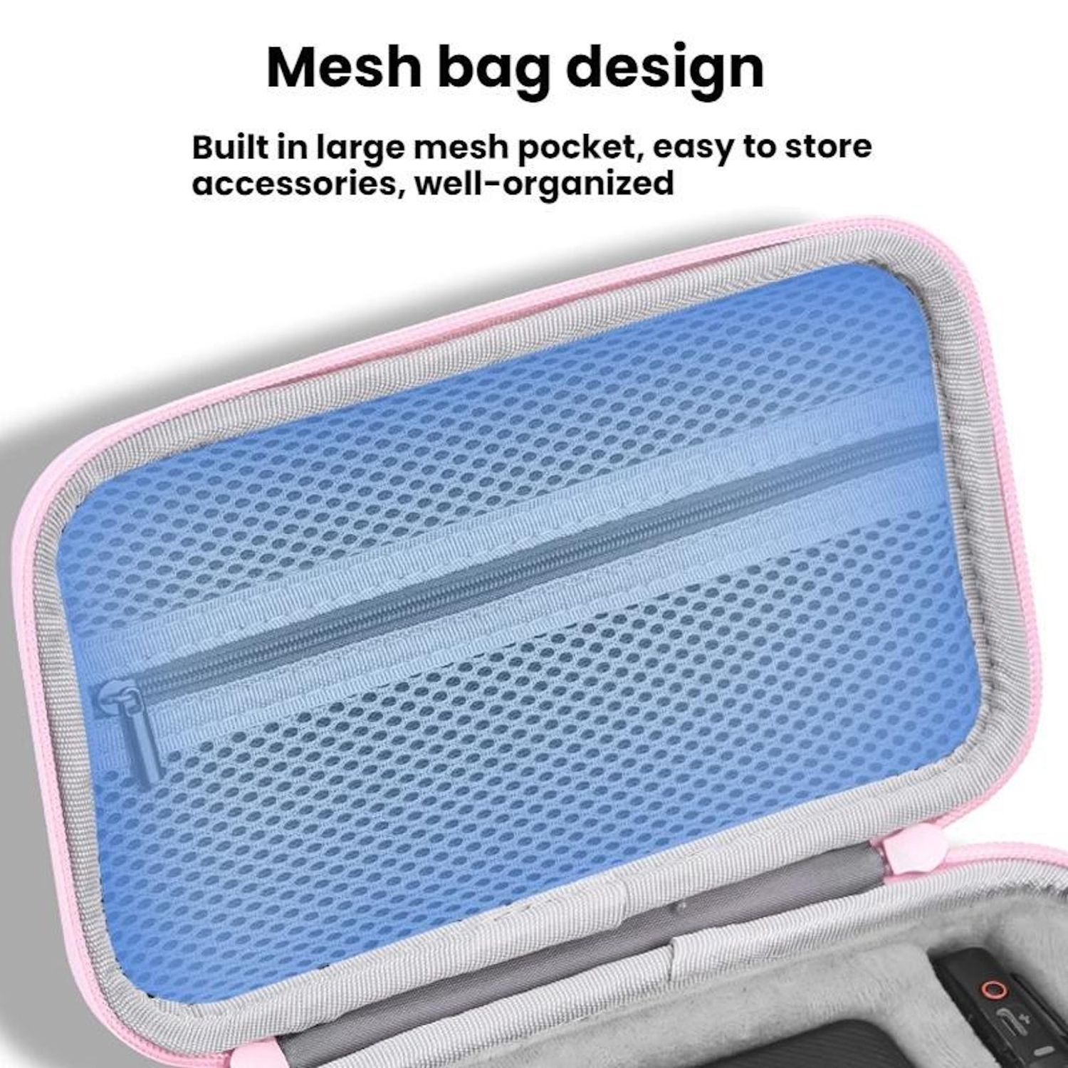 Rosafarbene Netztasche mit blauer Netztasche mit Reißverschluss. Text: Mesh-Taschen-Design, Eingebaut in eine große Netztasche, Zubehör einfach verstauen.