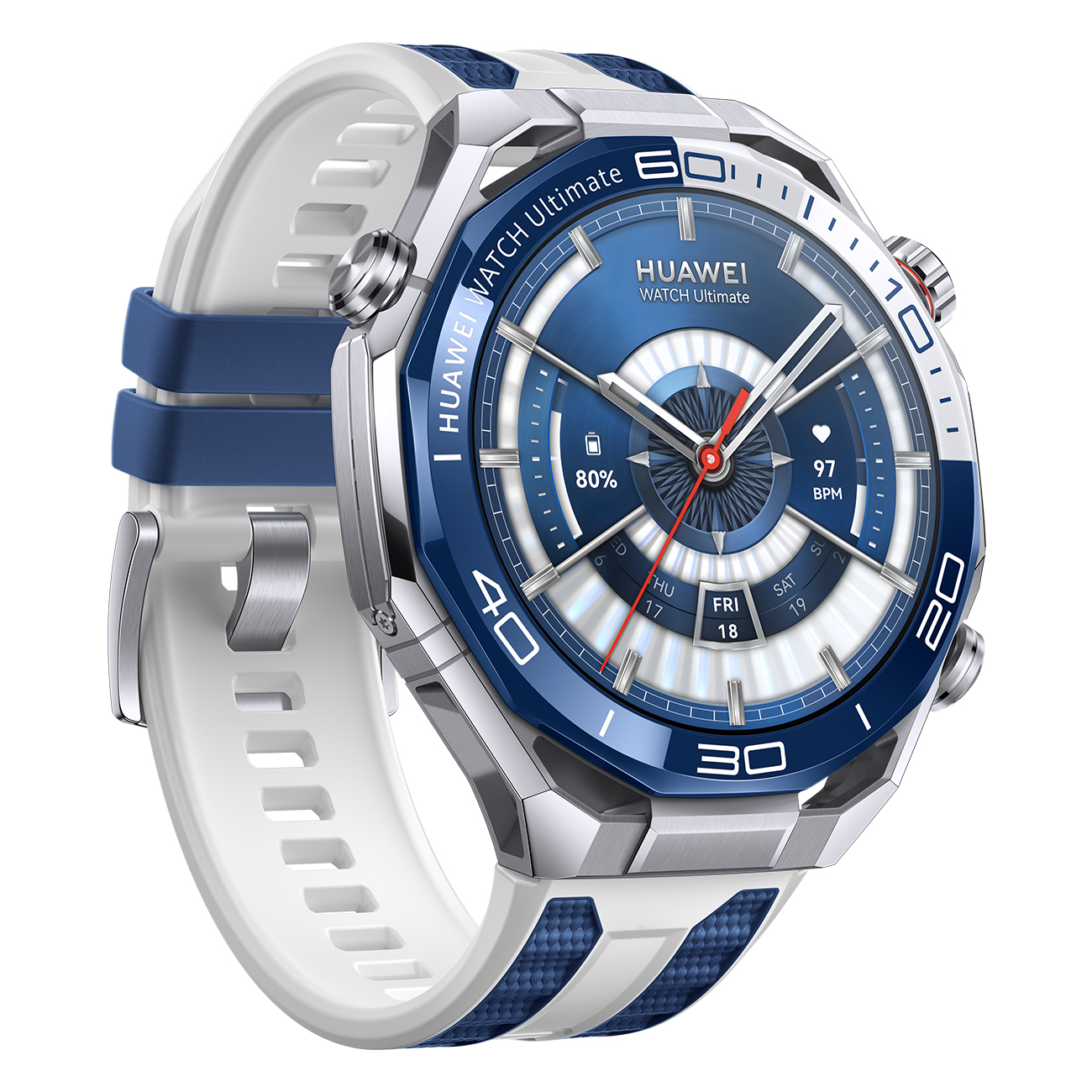 Eine Huawei Watch Ultimate Smartwatch. Sie hat eine blaue und silberne Lünette, ein weißes und blaues Armband und zeigt Zeit und Gesundheitsdaten.