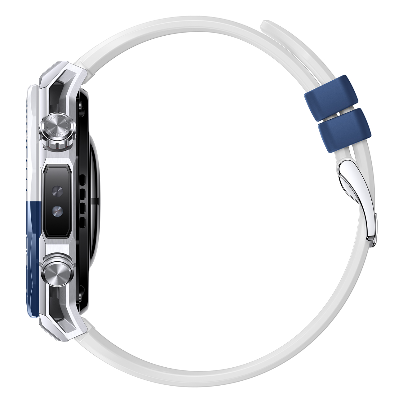 Seitenansicht einer Smartwatch mit weißem Armband, blauen Akzenten und Metallgehäuse, vor weißem Hintergrund.