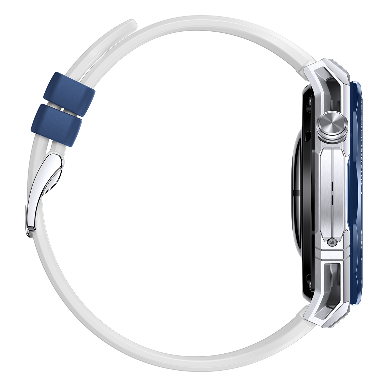 Seitenansicht einer Smartwatch. Sie hat ein silbernes Gehäuse, eine blaue Seite, ein weißes Armband und einen dunklen Bildschirm.