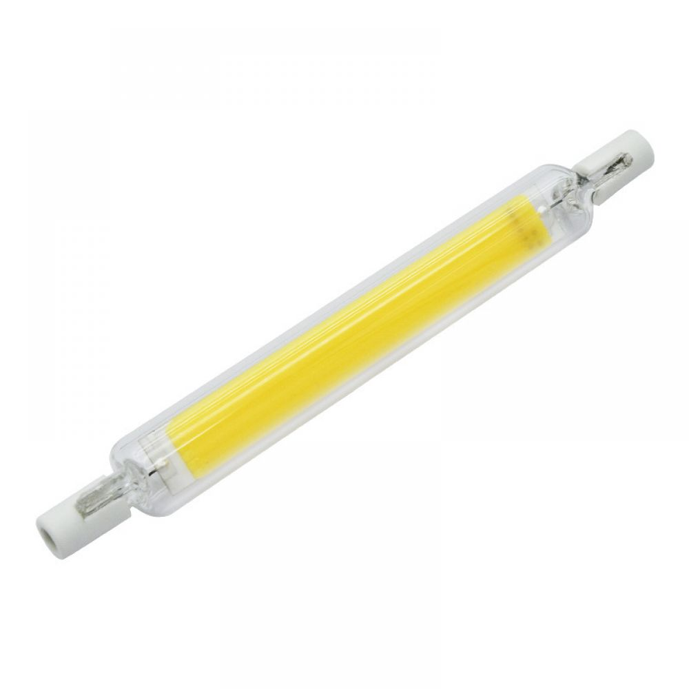 Eine lineare LED-Glühbirne. Sie hat ein transparentes Rohr mit einem gelben Mittelteil und weißen Endkappen.