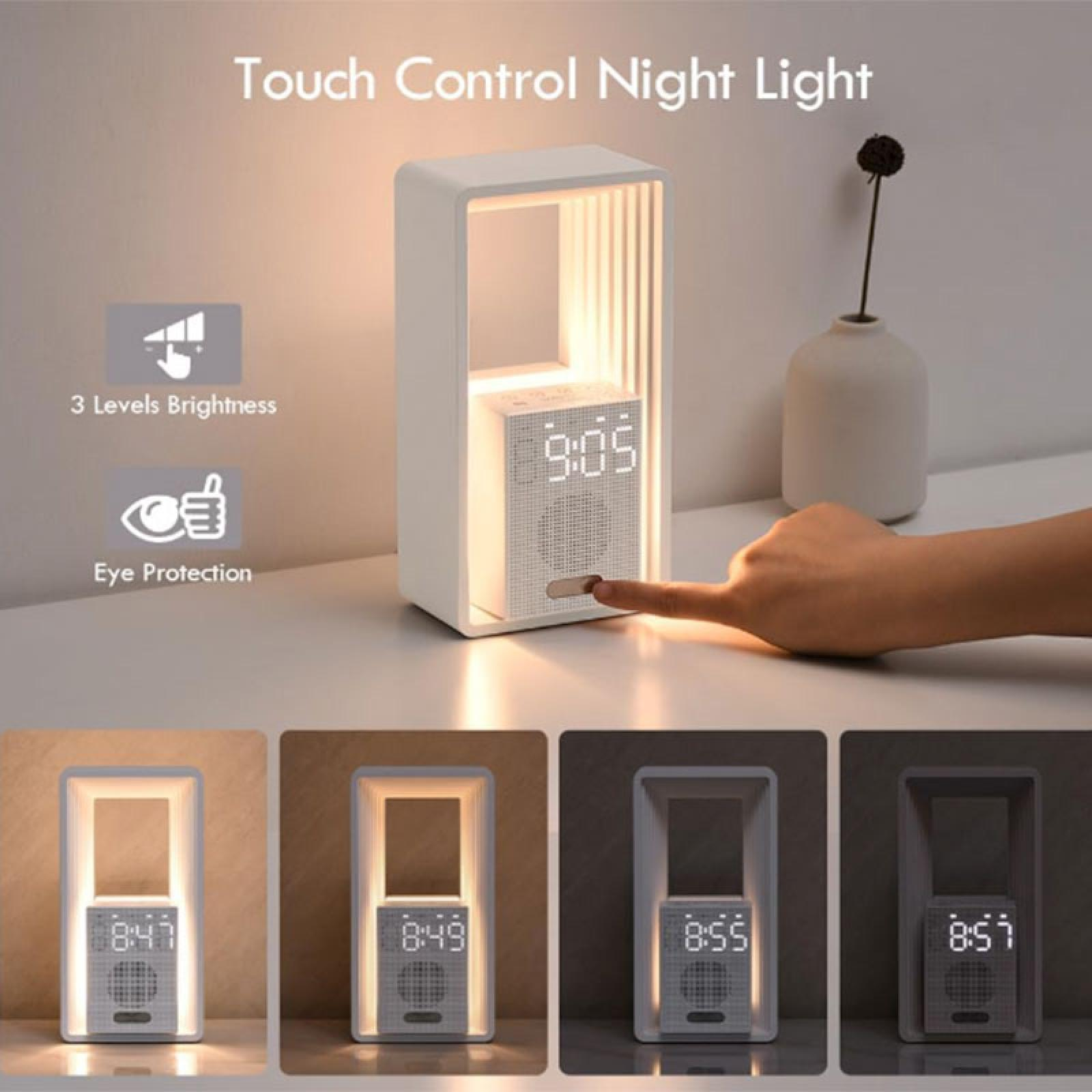 Weißes Touch-Control-Nachtlicht mit Uhranzeige. Eine Hand berührt das Licht. Symbole zeigen Helligkeit und Augenschutz.
