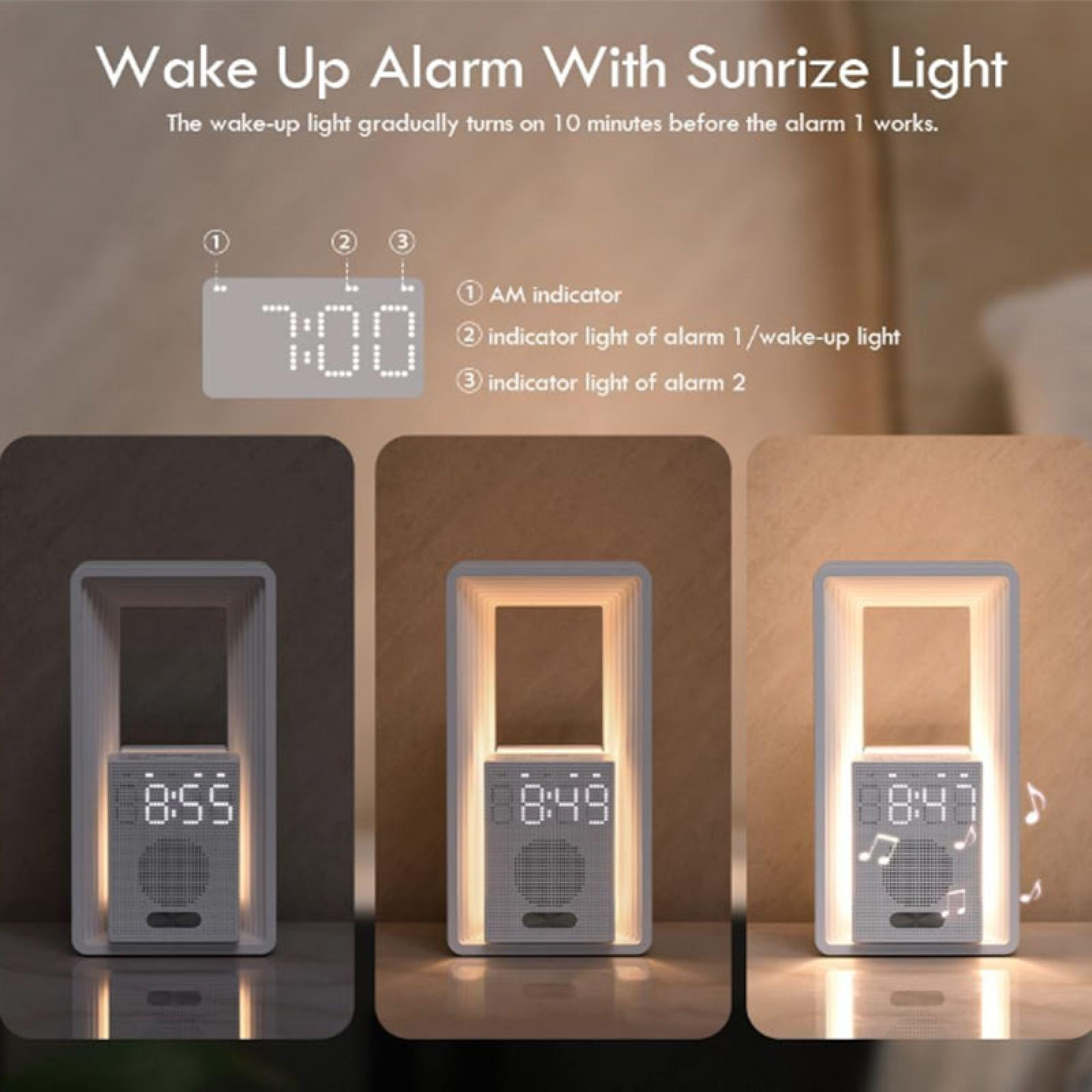 Ein Wecker mit Sonnenaufgangslicht. Zeigt die Zeit an und hat Noten. Es werden drei Uhren mit unterschiedlichen Zeiten angezeigt.