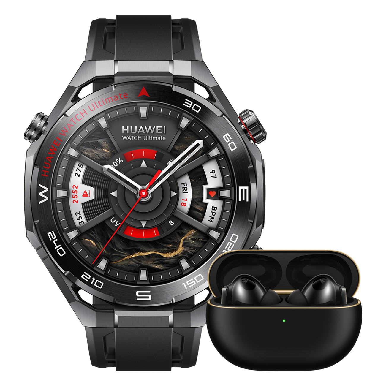 Eine Huawei Watch Ultimate und schwarze Ohrhörer. Die Uhr hat ein schwarz-silbernes Design mit roten Akzenten und einem detaillierten Zifferblatt.