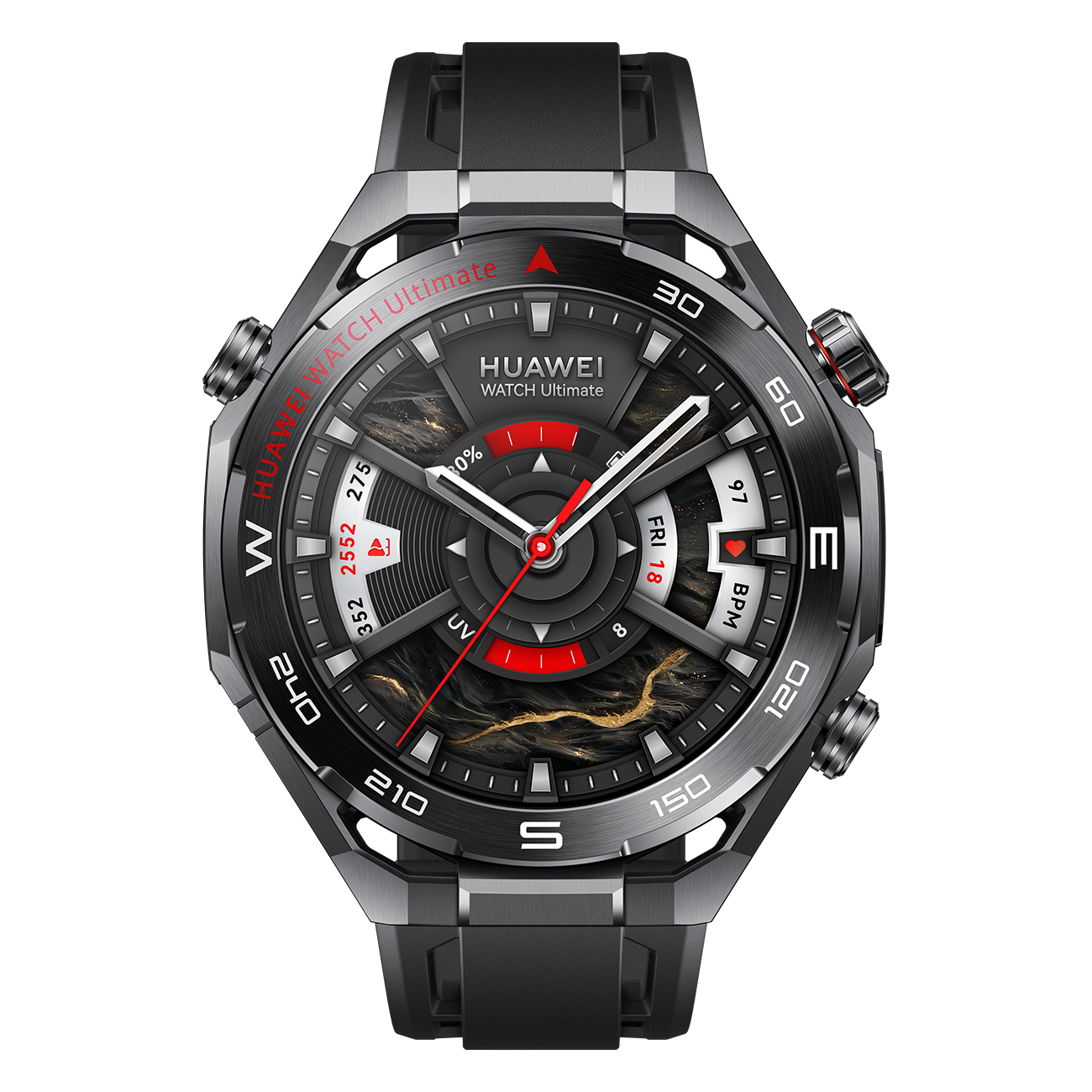 Eine schwarze Huawei Watch Ultimate. Sie zeigt Uhrzeit und Gesundheitsdaten an. Hat ein schwarzes und silbernes Gehäuse, rote Akzente und ein schwarzes Armband.