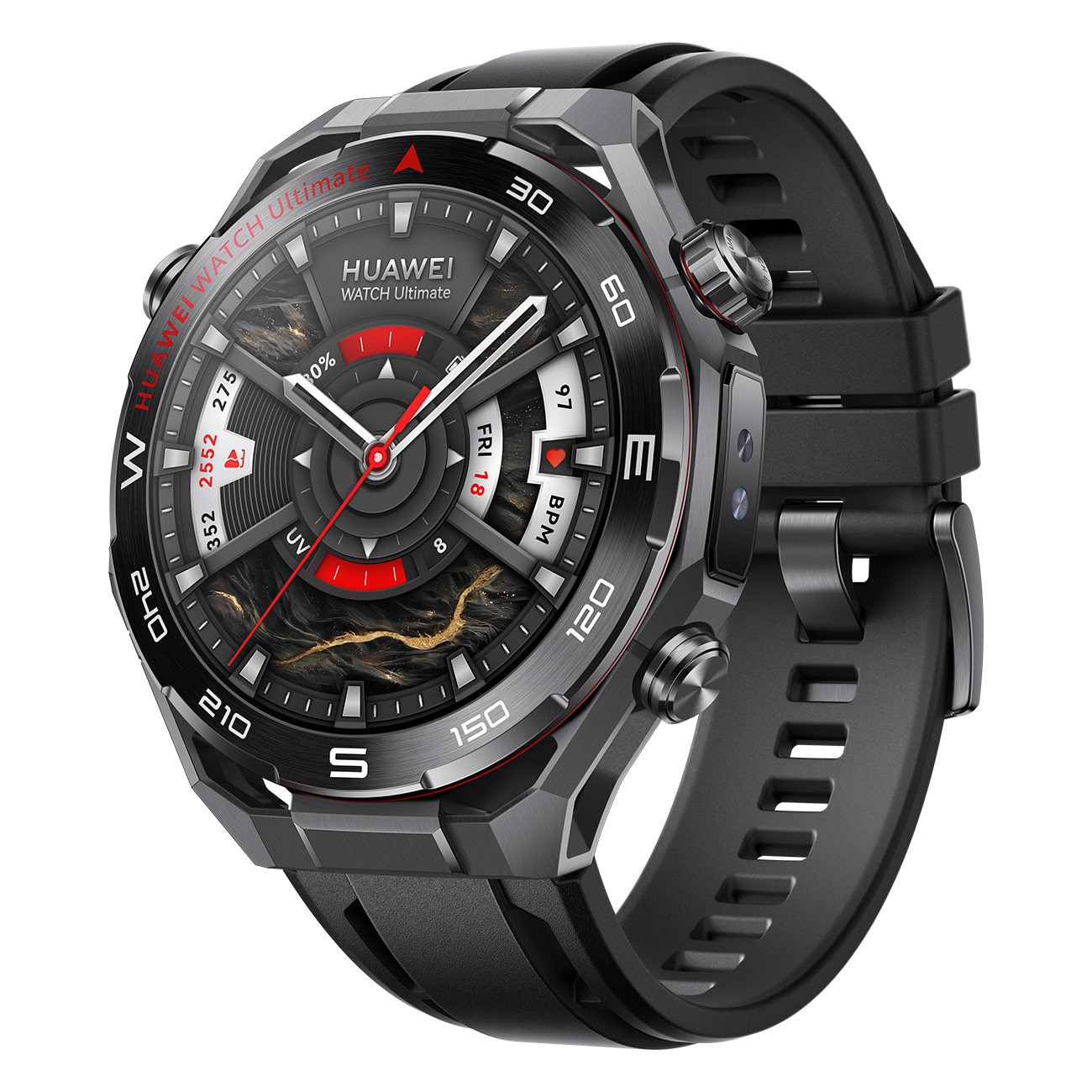Eine schwarze Huawei Watch Ultimate mit dunklem, strukturiertem Zifferblatt und schwarzem Armband. Die Uhr zeigt Zeit, Datum und Gesundheitsdaten an.