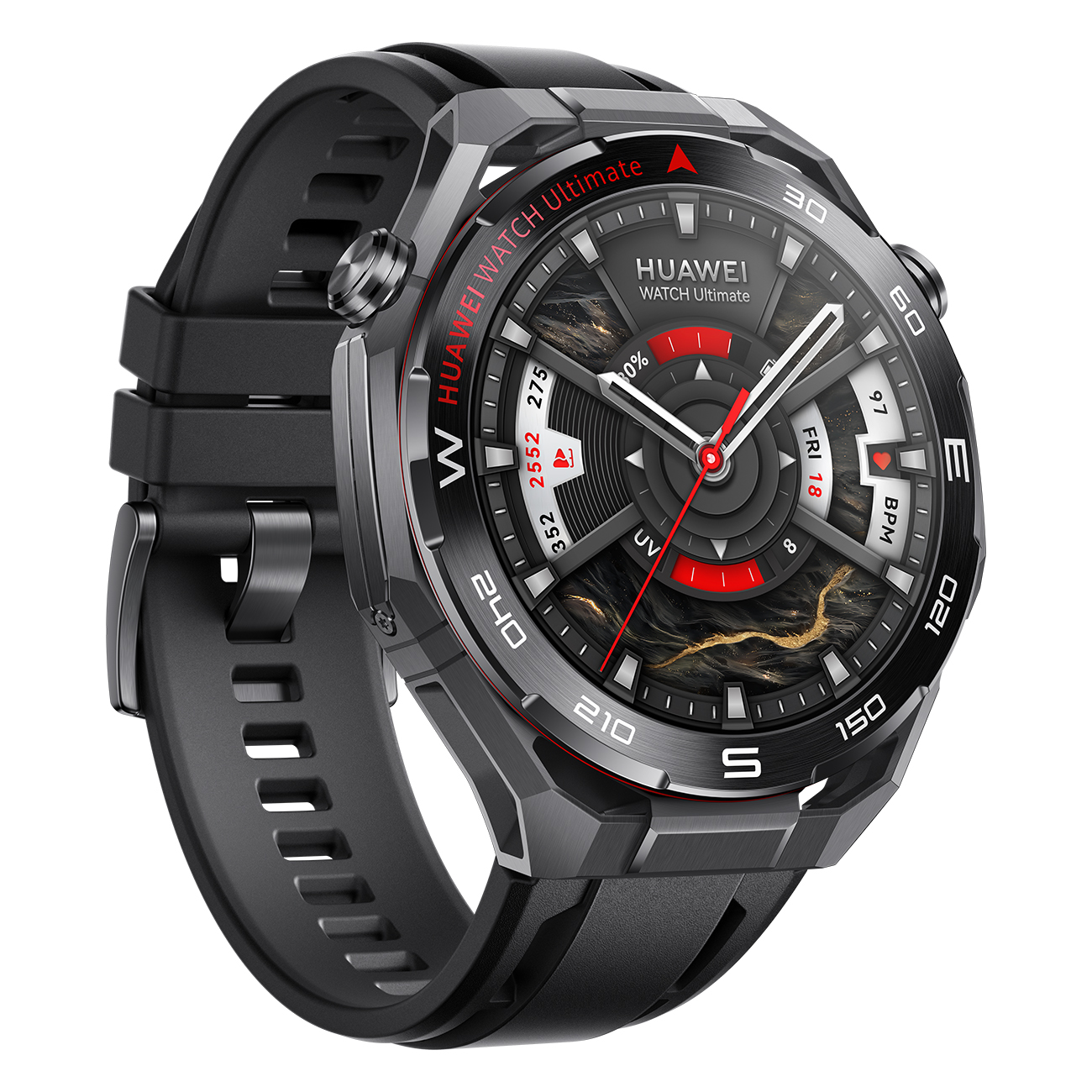 Eine schwarz-graue Huawei Watch Ultimate Smartwatch. Die Uhr hat ein rundes Zifferblatt mit einem schwarzen Armband. Das Zifferblatt zeigt Uhrzeit und Gesundheitsmetriken an.