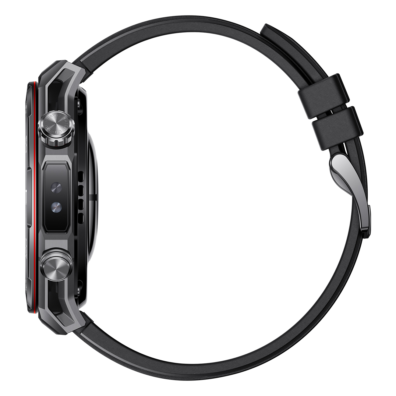 Eine schwarze Smartwatch mit gebogenem Band. Das Zifferblatt ist schwarz mit zwei Knöpfen an der Seite. Eine rote Linie ist sichtbar.