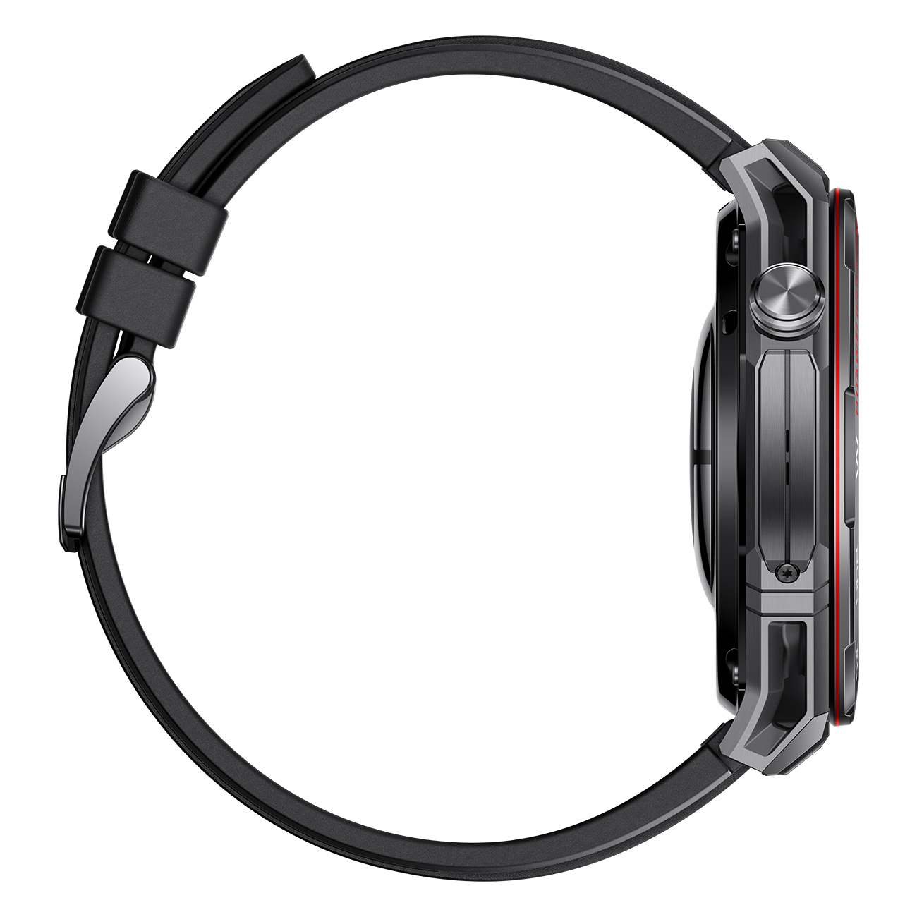Seitenansicht einer schwarzen Smartwatch mit schwarzem Armband, silberner Schließe und grauen und roten Akzenten.