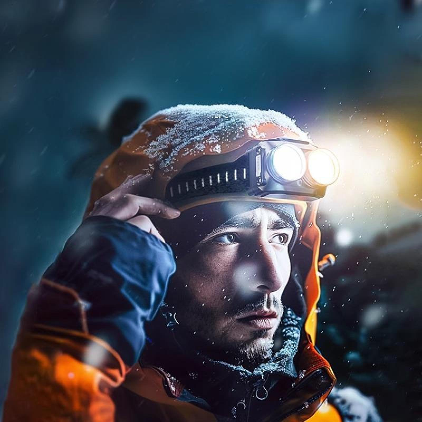 Ein Mann in einer orangefarbenen Jacke und Stirnlampe blickt zur Seite. Schneeflocken fallen in einer dunklen, kalten Umgebung.