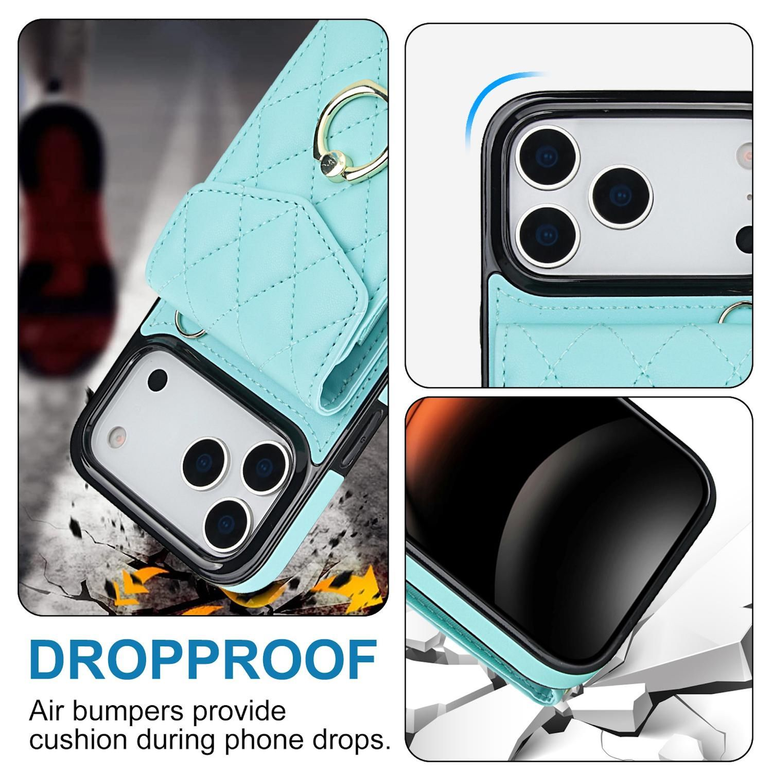 Eine Handyhülle mit blauem Steppmuster. Sie hat einen Ringhalter und ist mit 'DROOPROOF' beschriftet, mit einer Grafik zur Stoßabsorption.