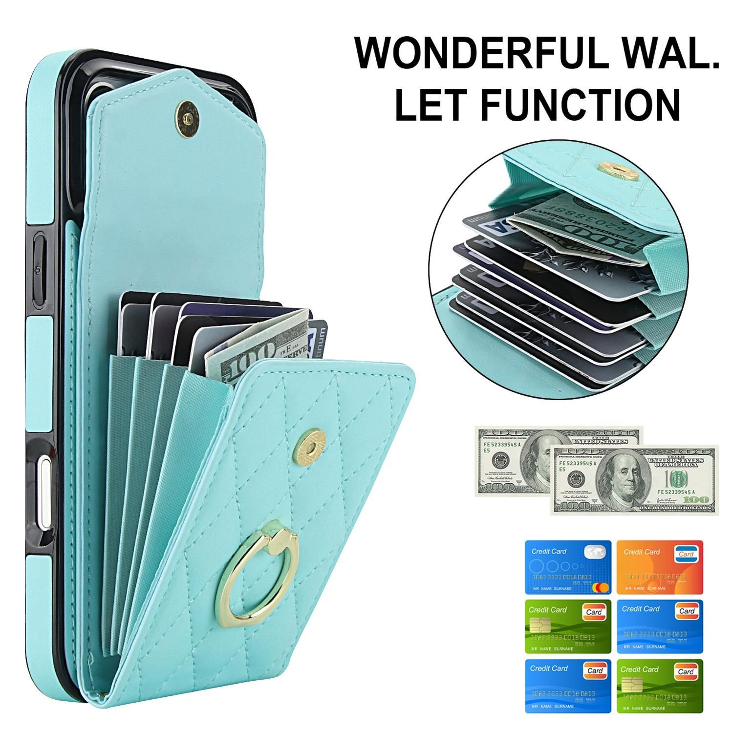 Eine türkisfarbene Handyhülle mit befestigter Geldbörse, die Karten und Bargeld enthält. Text: 'WONDERFUL WAL. LET FUNCTION'.