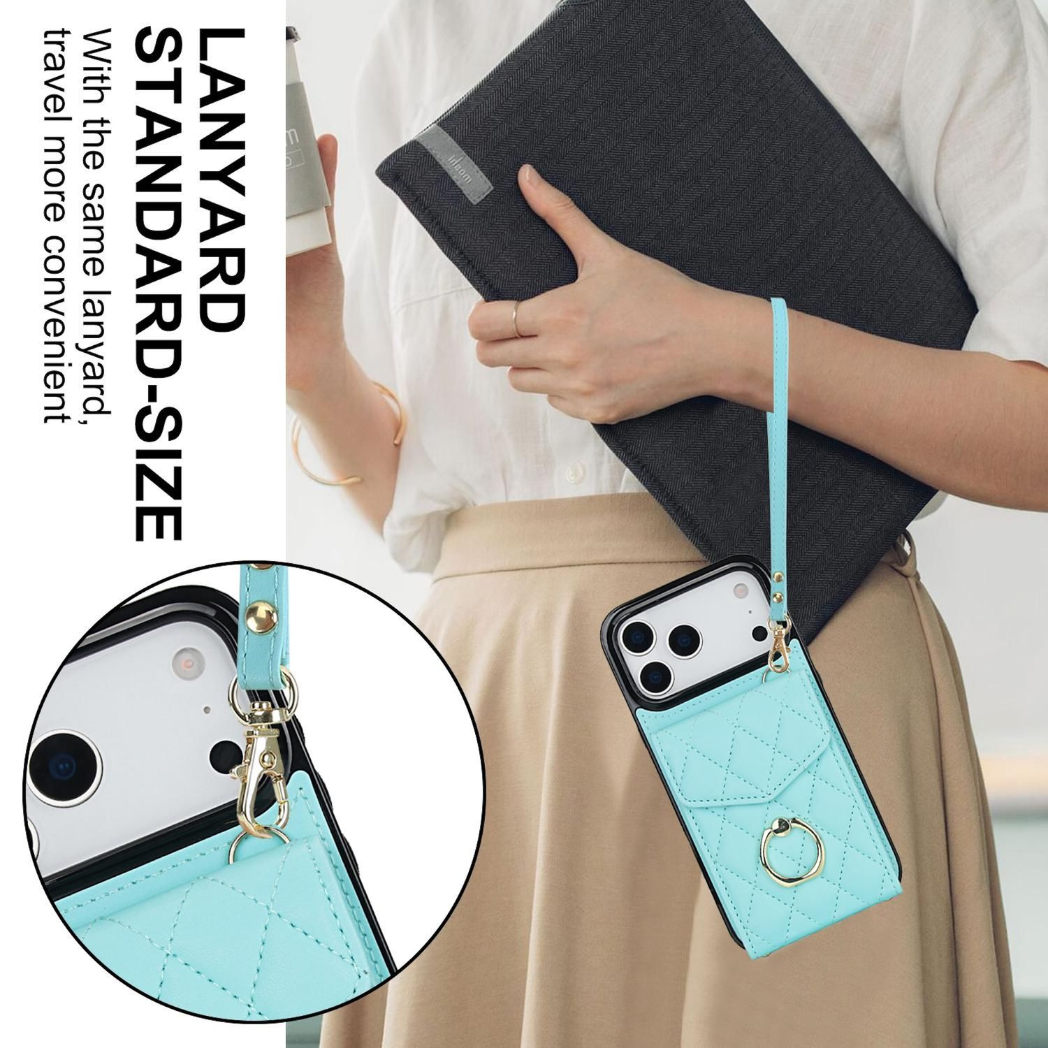 Eine Person hält einen schwarzen Laptop. Eine hellblaue Handyhülle mit Ring ist an einem Riemen befestigt. Text: Lanyard Standard-Size.