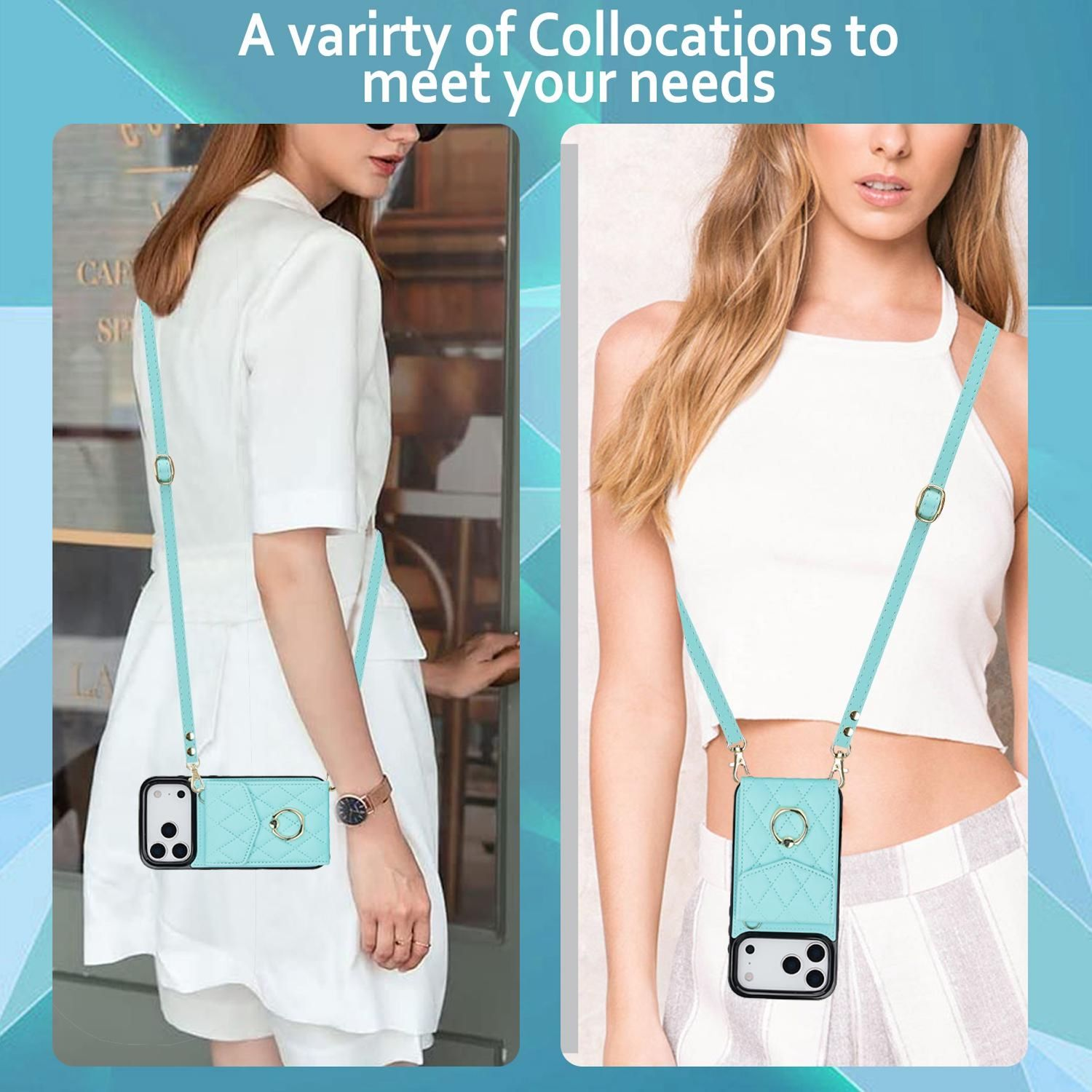 Zwei Frauen tragen hellblaue Handyhüllen mit Trägern. Eine in einem weißen Kleid, die andere in einem weißen Oberteil.