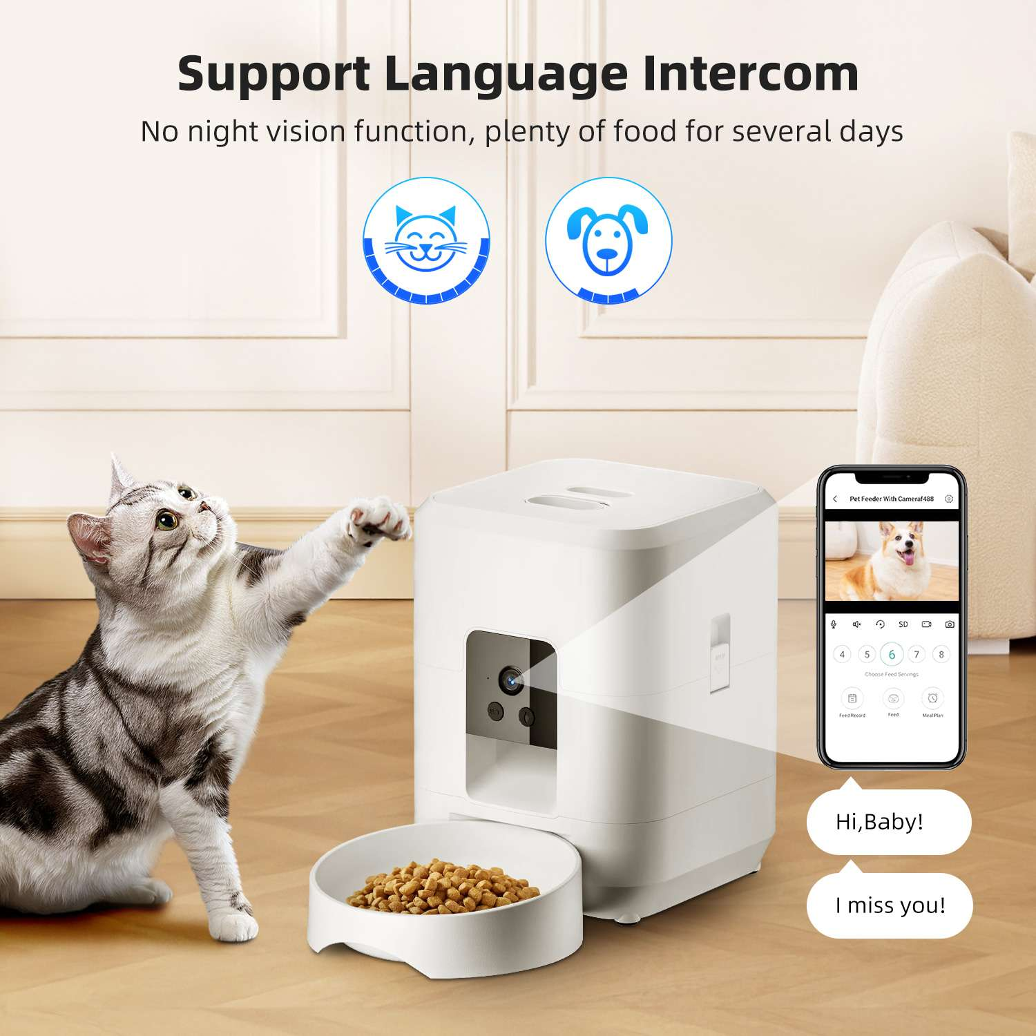 Eine Katze greift nach einem weißen Haustierfutterautomaten mit Futter. Ein Telefon zeigt einen Hund. Text: 'Support Language Intercom'.
