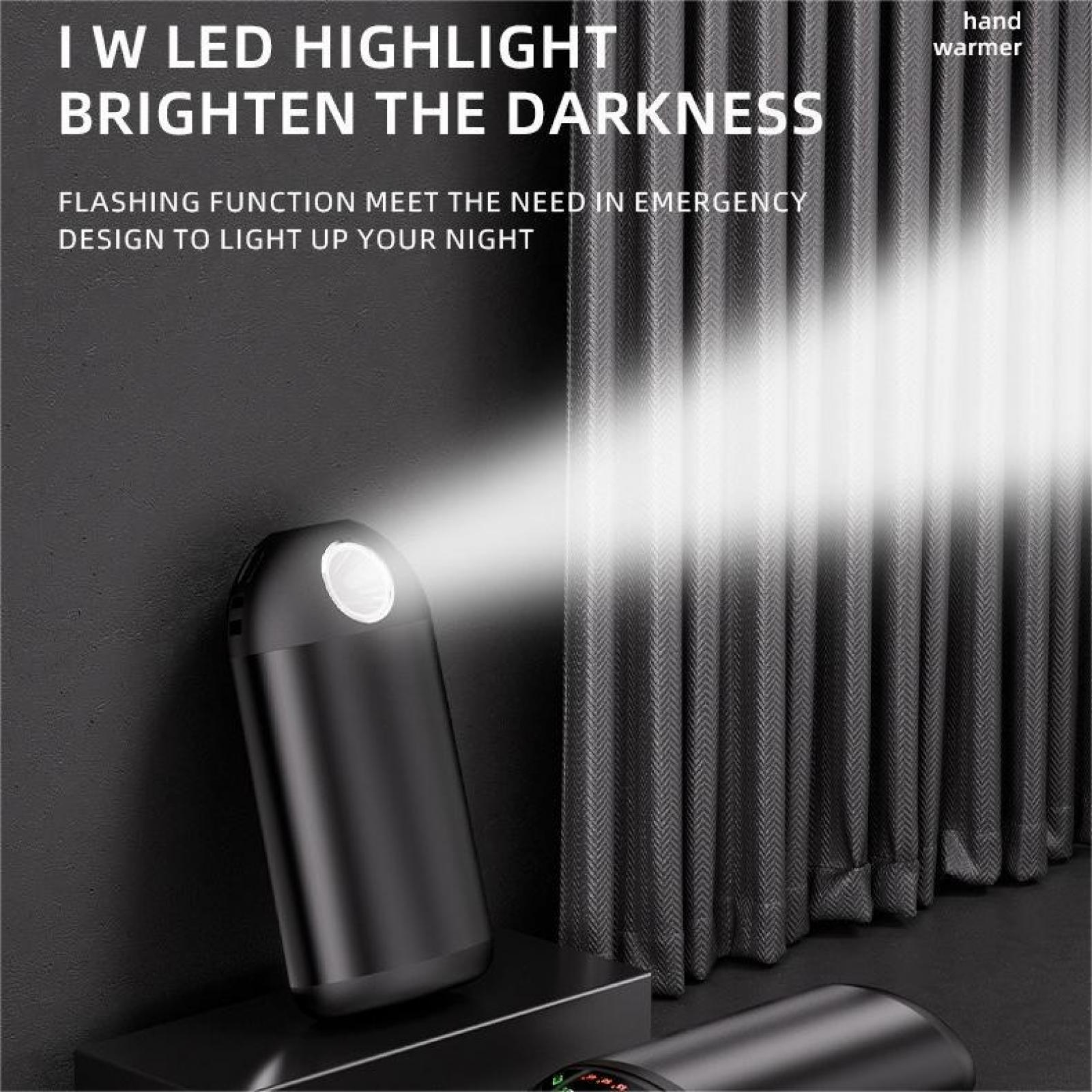 Schwarze Taschenlampe, die helles Licht in einer dunklen Szene aussendet. Text: I W LED HIGHLIGHT, BRIGHTEN THE DARKNESS.