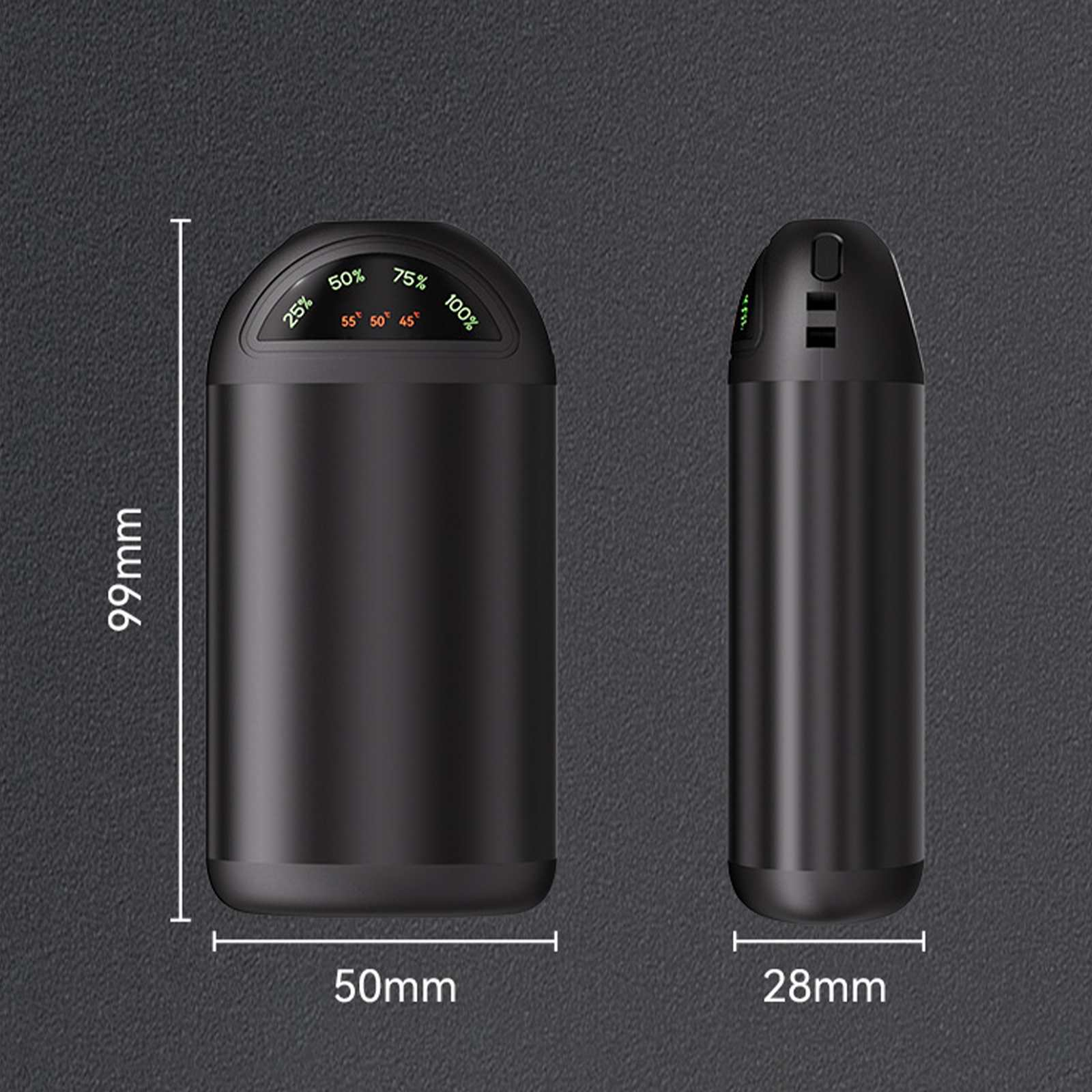 Zwei schwarze Powerbanks, eine mit Anzeige des Akkustands. Der Hintergrund ist grau.