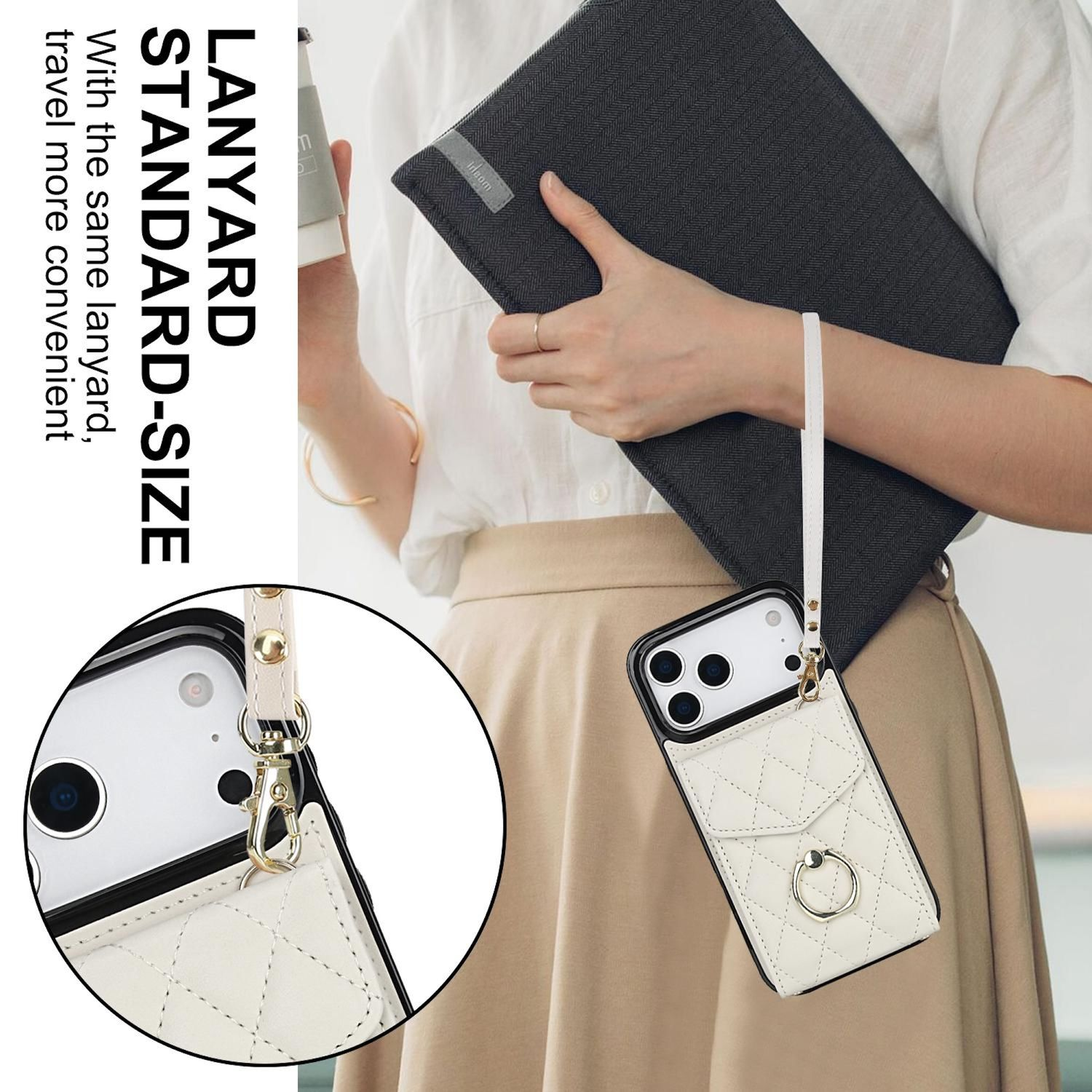 Eine Frau hält ein Tablet und ein Telefon mit weißer Hülle und Riemen. Die Handyhülle hat eine Tasche und einen Ring.