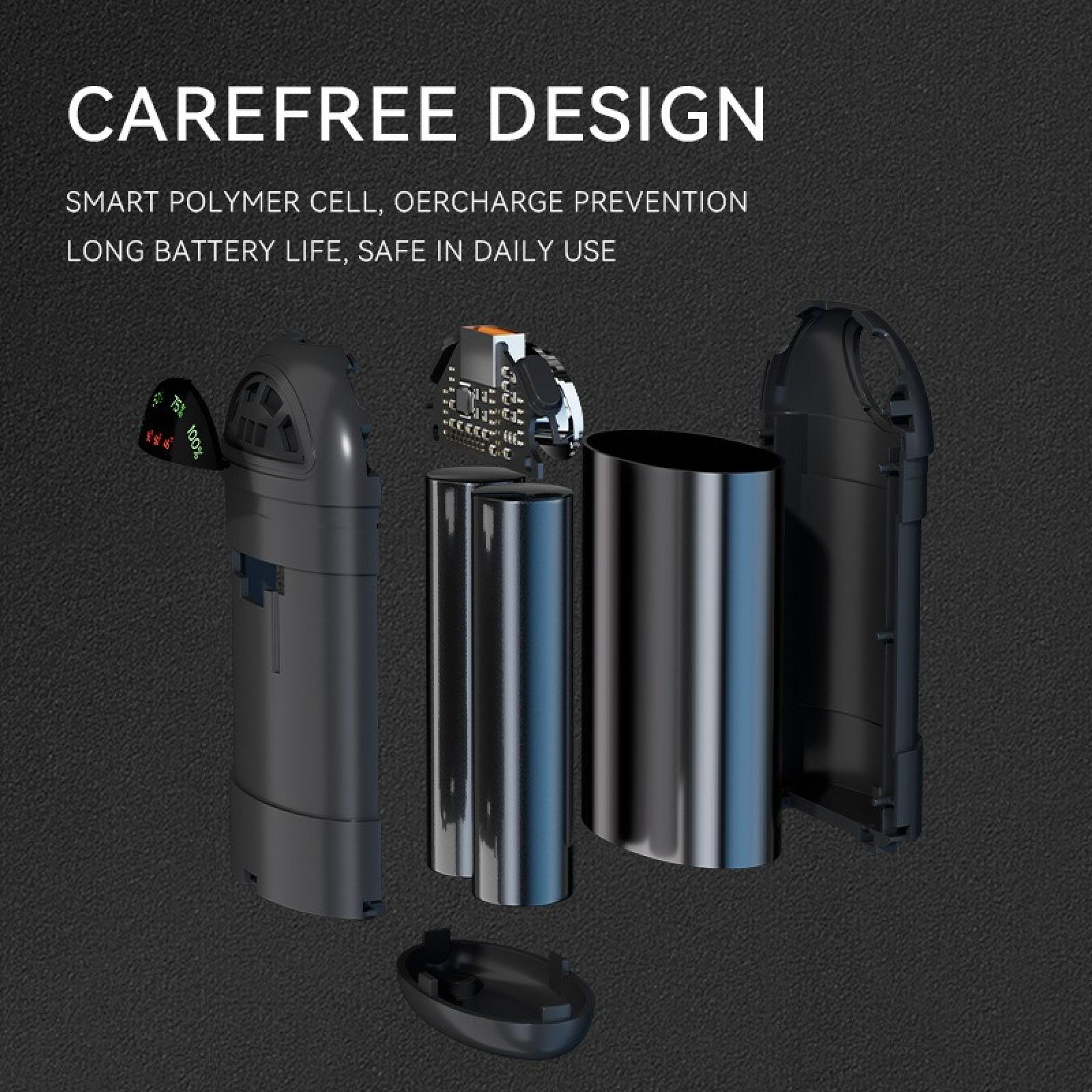 Explosionsansicht eines schwarzen Geräts mit Batterieteilen und einem Display mit 100 % Ladung.
