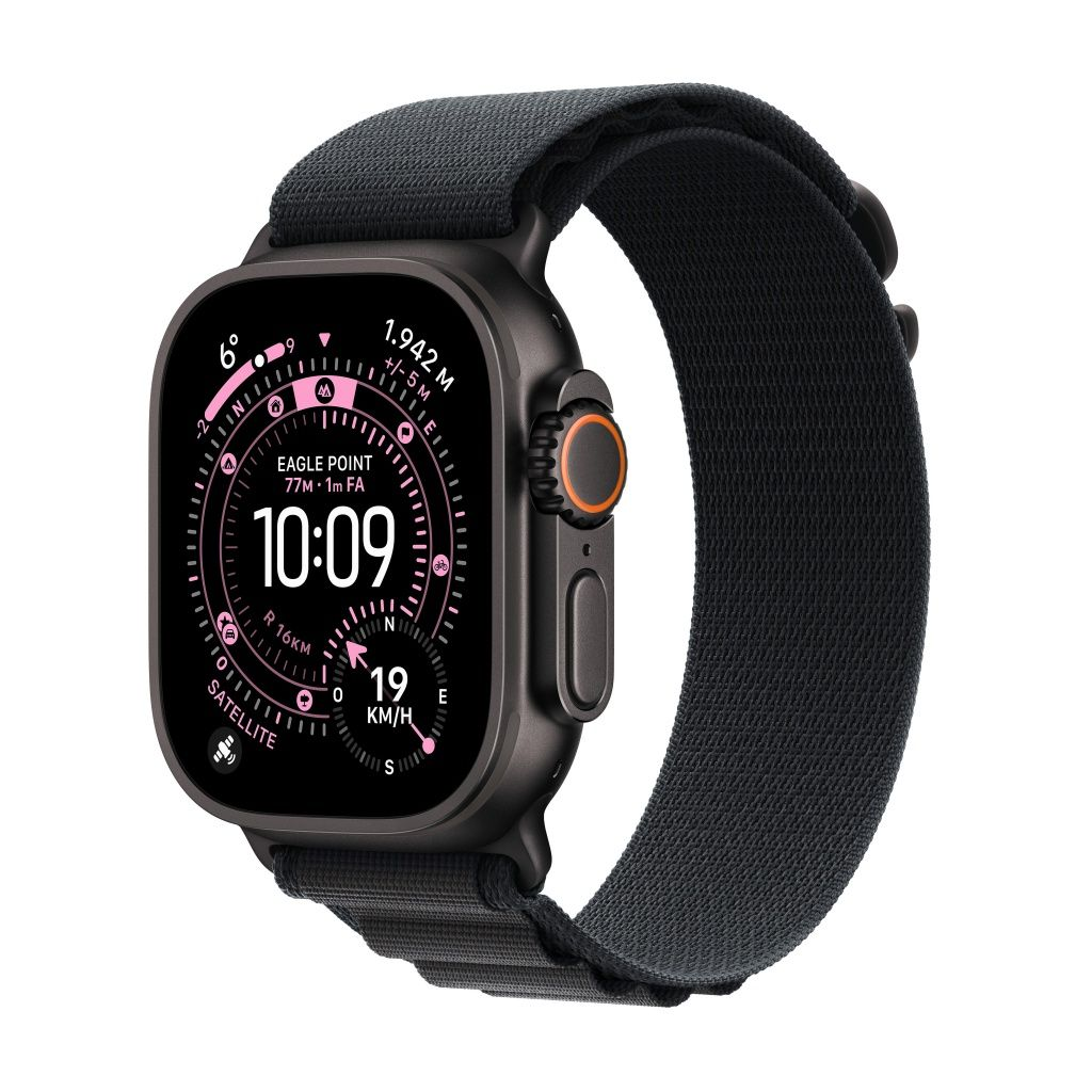 Un Apple Watch Ultra nero mostra ora, altitudine e altri dati. L'orologio ha un cinturino nero e un quadrante arancione. Lo schermo mostra i dati.