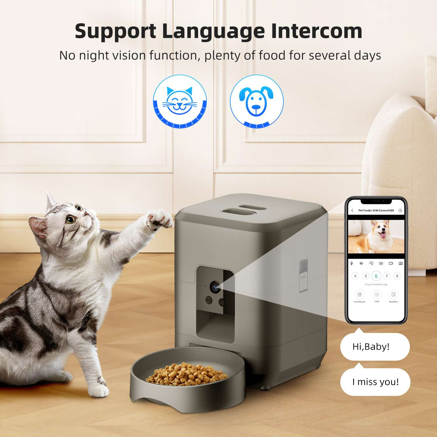 Eine Katze greift nach einem Futterautomaten mit Futter. Ein Telefon zeigt einen Hund. Text: 'Support Language Intercom' und 'Hi, Baby!'