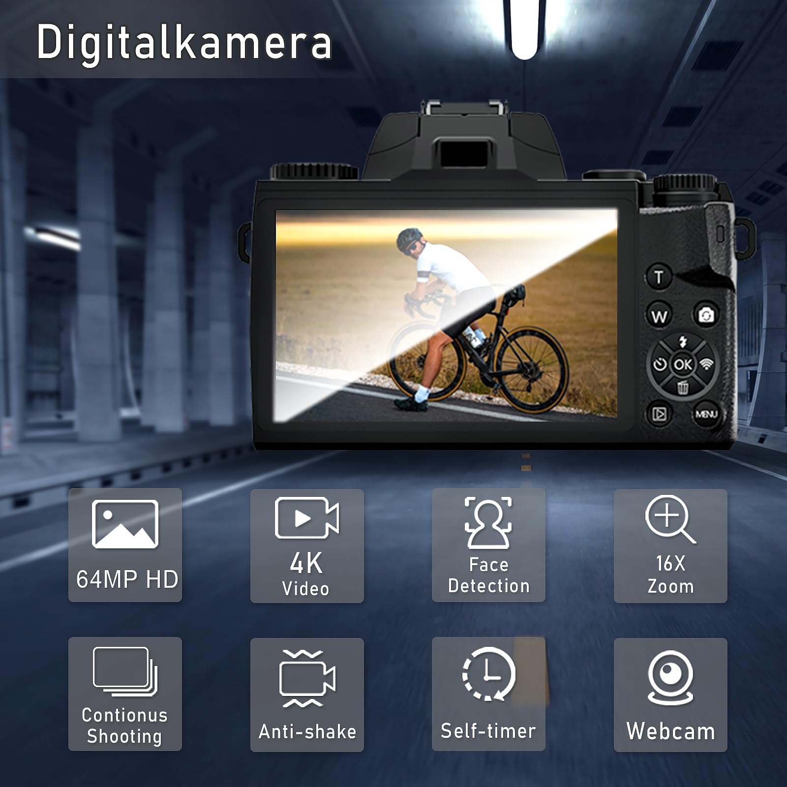 Eine schwarze Digitalkamera. Der Bildschirm zeigt einen Radfahrer. Zu den Funktionen gehören 64MP HD, 4K-Video, Gesichtserkennung, 16x Zoom und mehr.