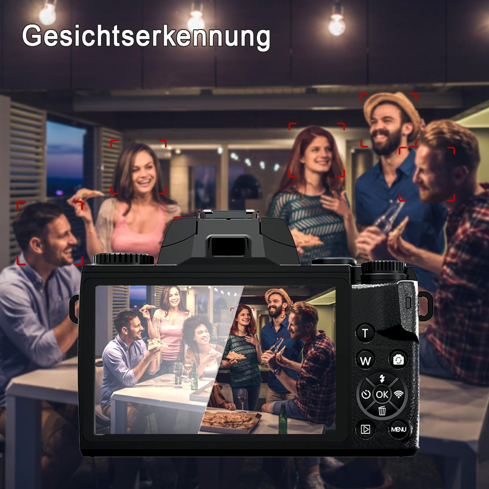 Eine Kamera zeigt Menschen auf einer Party. Kamera erkennt Gesichter. Menschen lächeln.