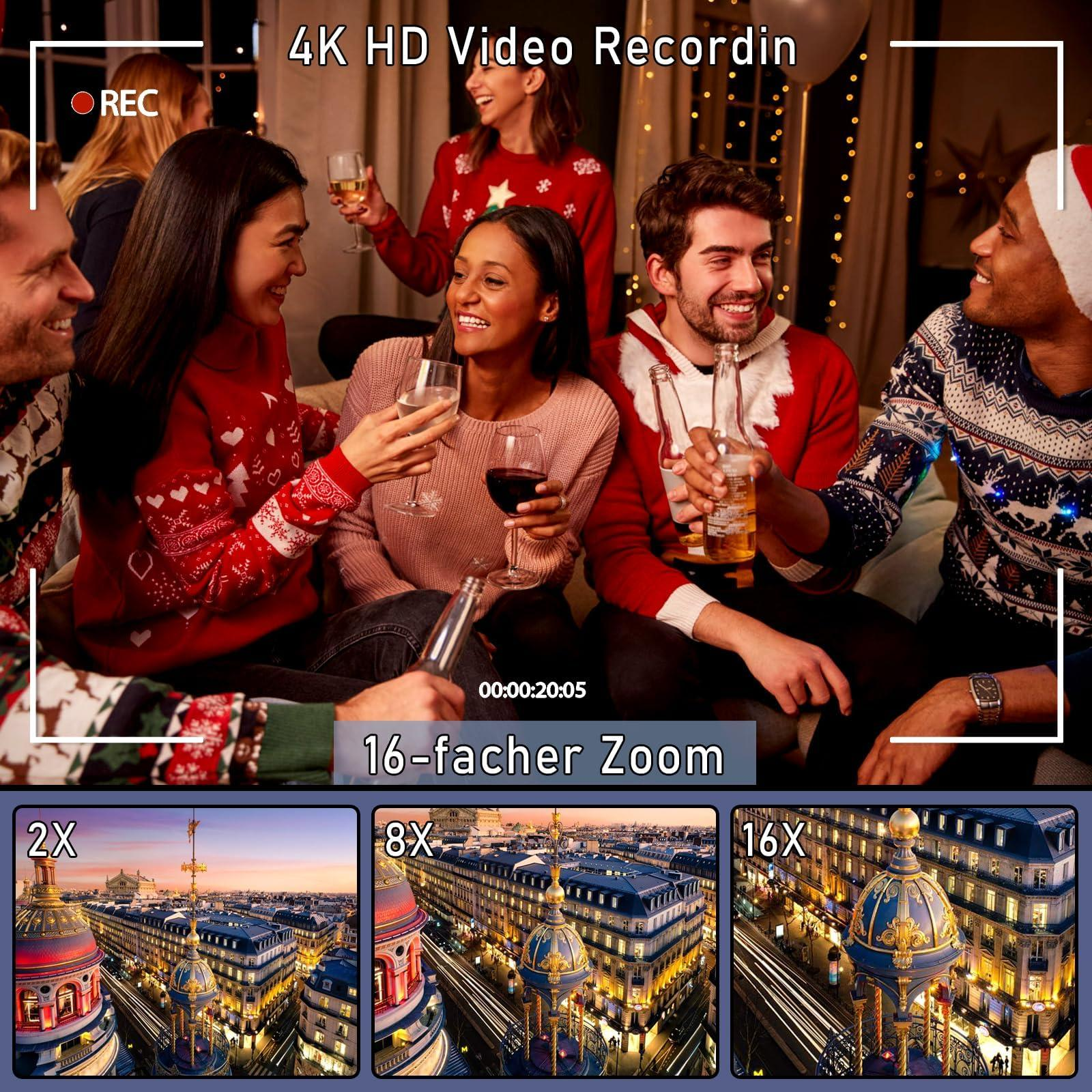 Menschen feiern mit Getränken. Die Szene umfasst Zoom-Optionen und ein 4K-Videoaufzeichnung-Overlay.