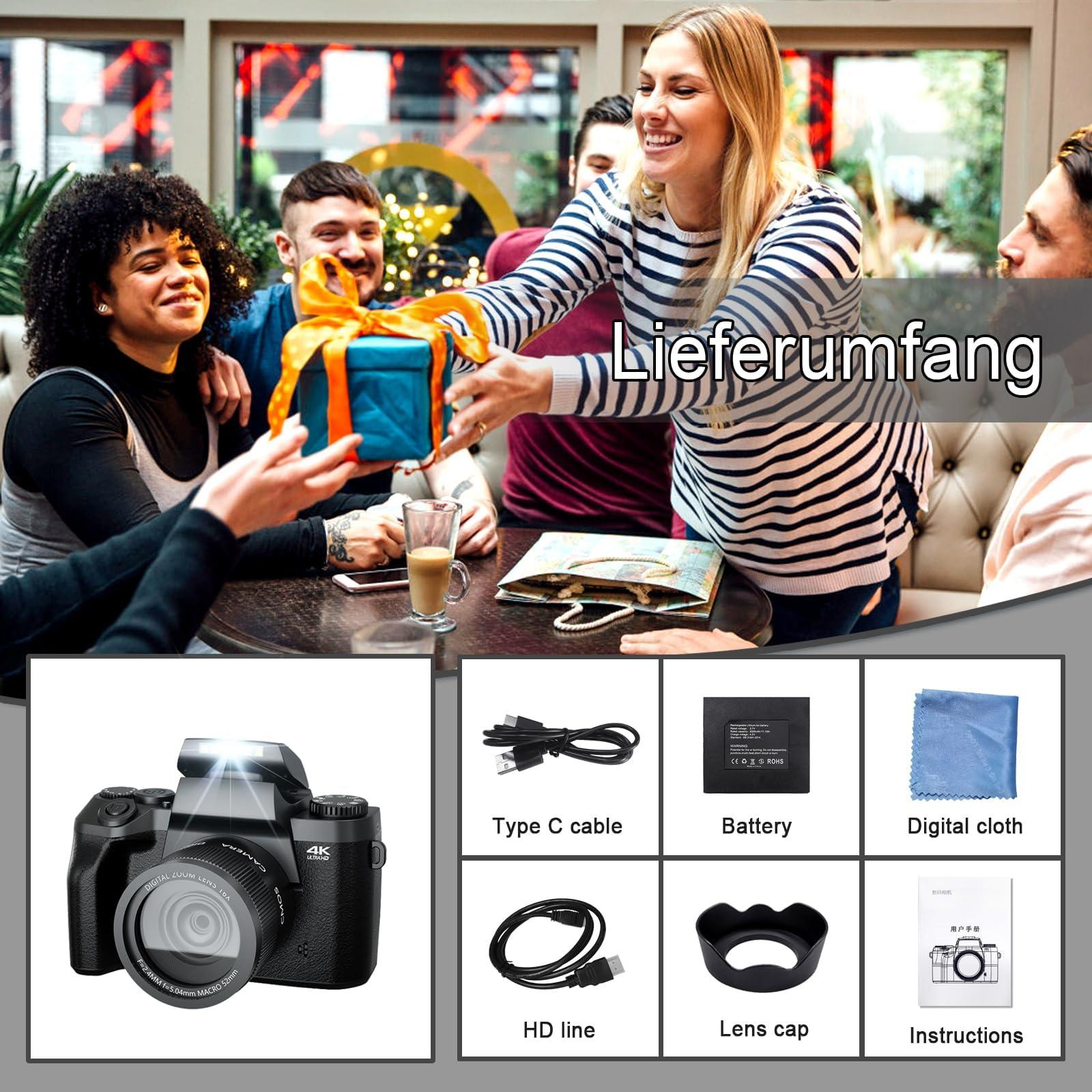 Leute, die ein Geschenk geben, mit Produktbildern unten: Kamera, Kabel, Akku, Tuch, Objektivdeckel und Anweisungen.