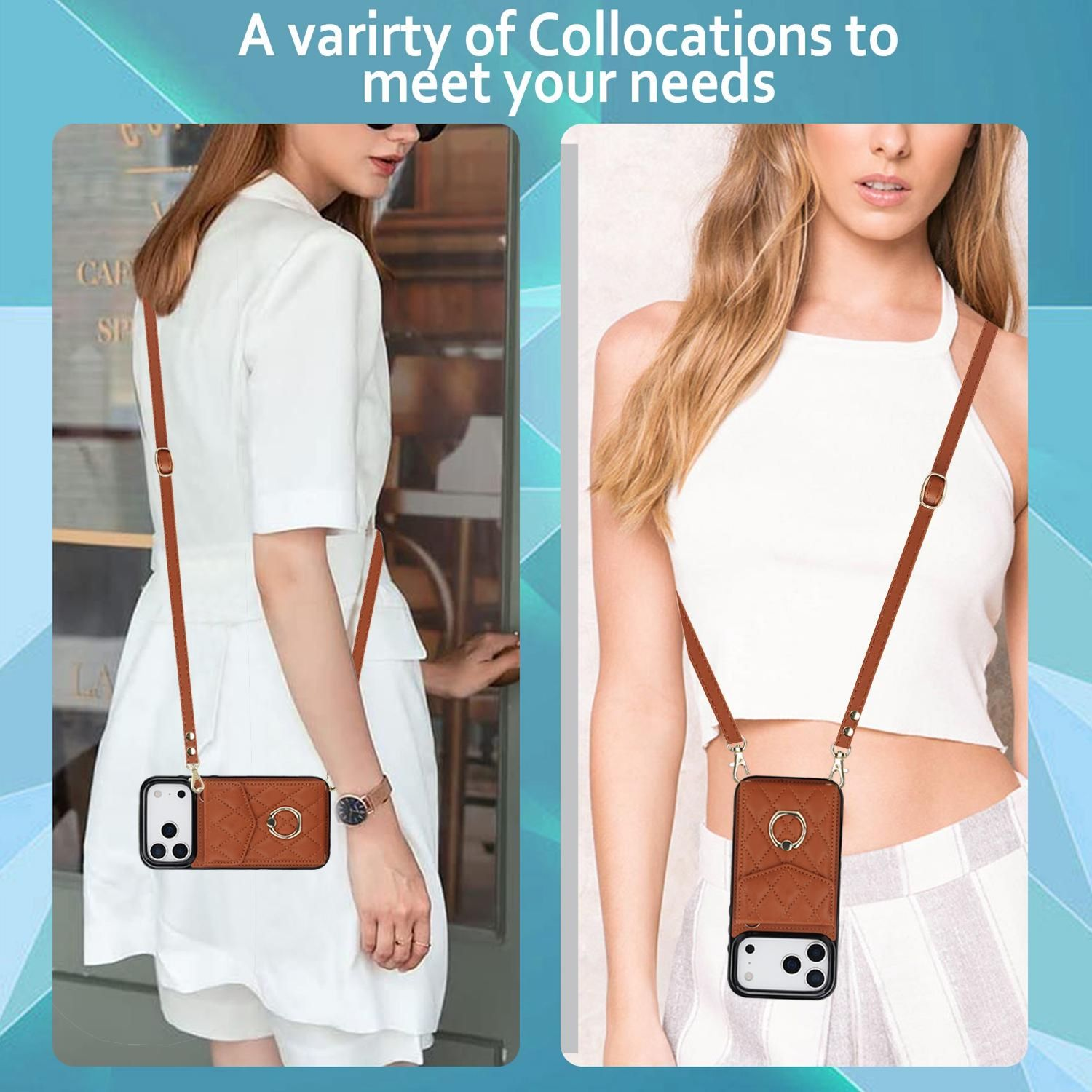 Zwei Frauen tragen braune Handyhüllen mit Trägern. Eine trägt ein weißes Kleid, die andere ein weißes Oberteil und einen Rock.