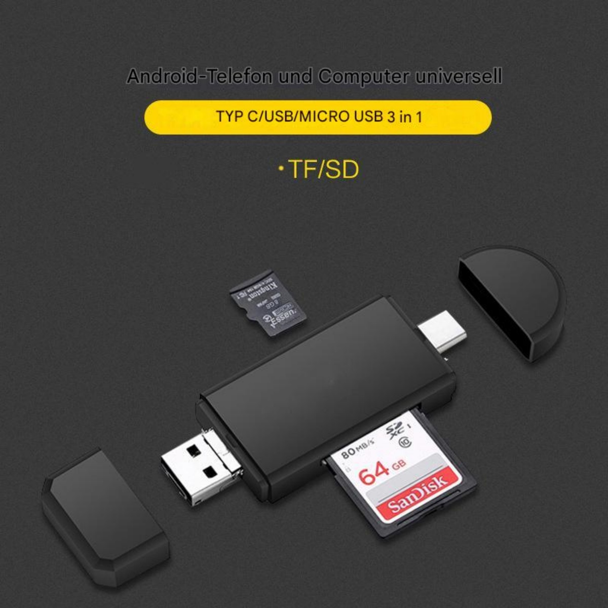 Lettore di schede nero con connettori USB, micro USB e tipo C. Scheda SD e micro SD. Testo sulle schede: SanDisk e Kingston.
