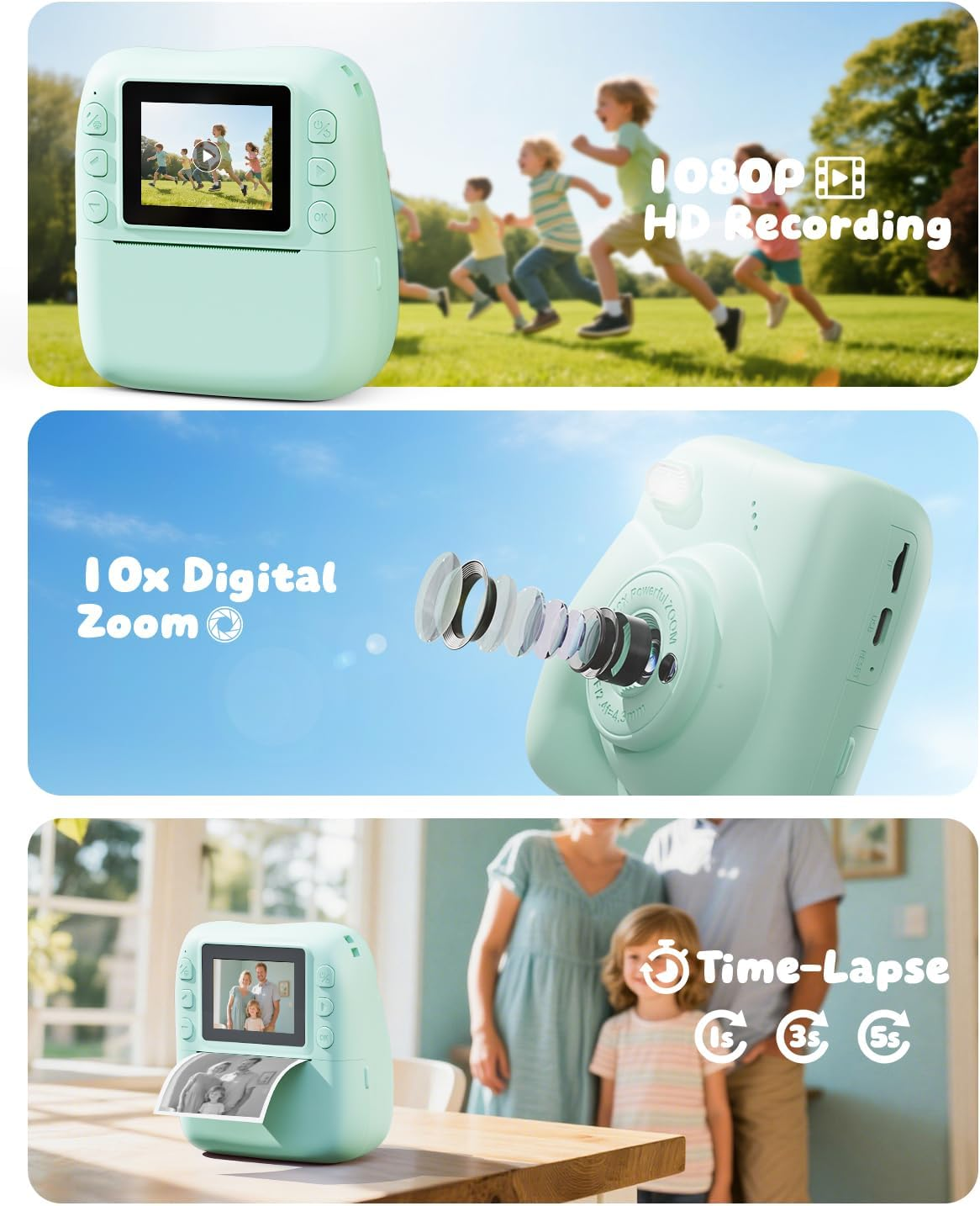 Eine mintgrüne Sofortbildkamera zeigt rennende Kinder. Zusätzliche Bilder zeigen Zoom- und Zeitraffer-Funktionen mit einer Familie.