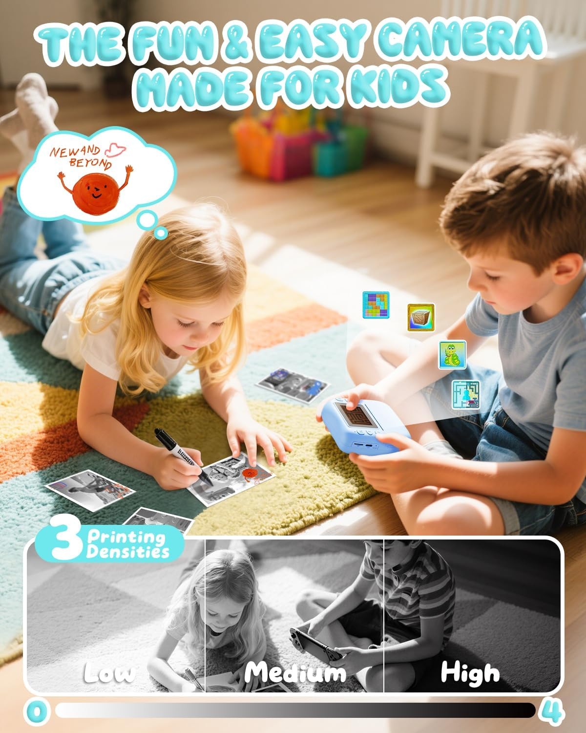 Zwei Kinder spielen mit einer blauen Kamera, umgeben von gedruckten Fotos. Text sagt 'Fun & Easy Camera Made for Kids' und hebt die Druckdichten hervor.