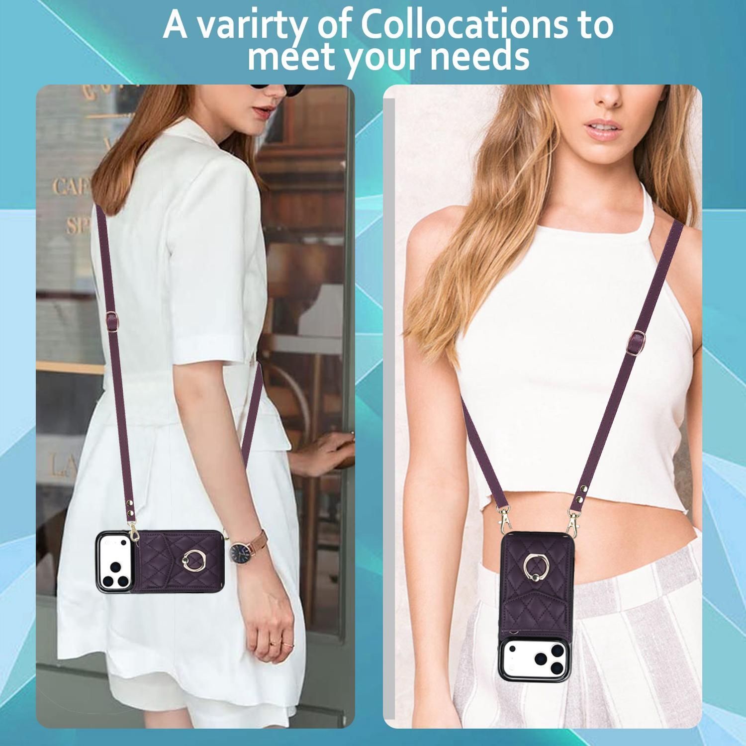 Zwei Frauen tragen Handyhüllen mit Trägern. Eine im weißen Kleid, die andere im weißen Oberteil. Beide haben lila Handyhüllen und Träger.