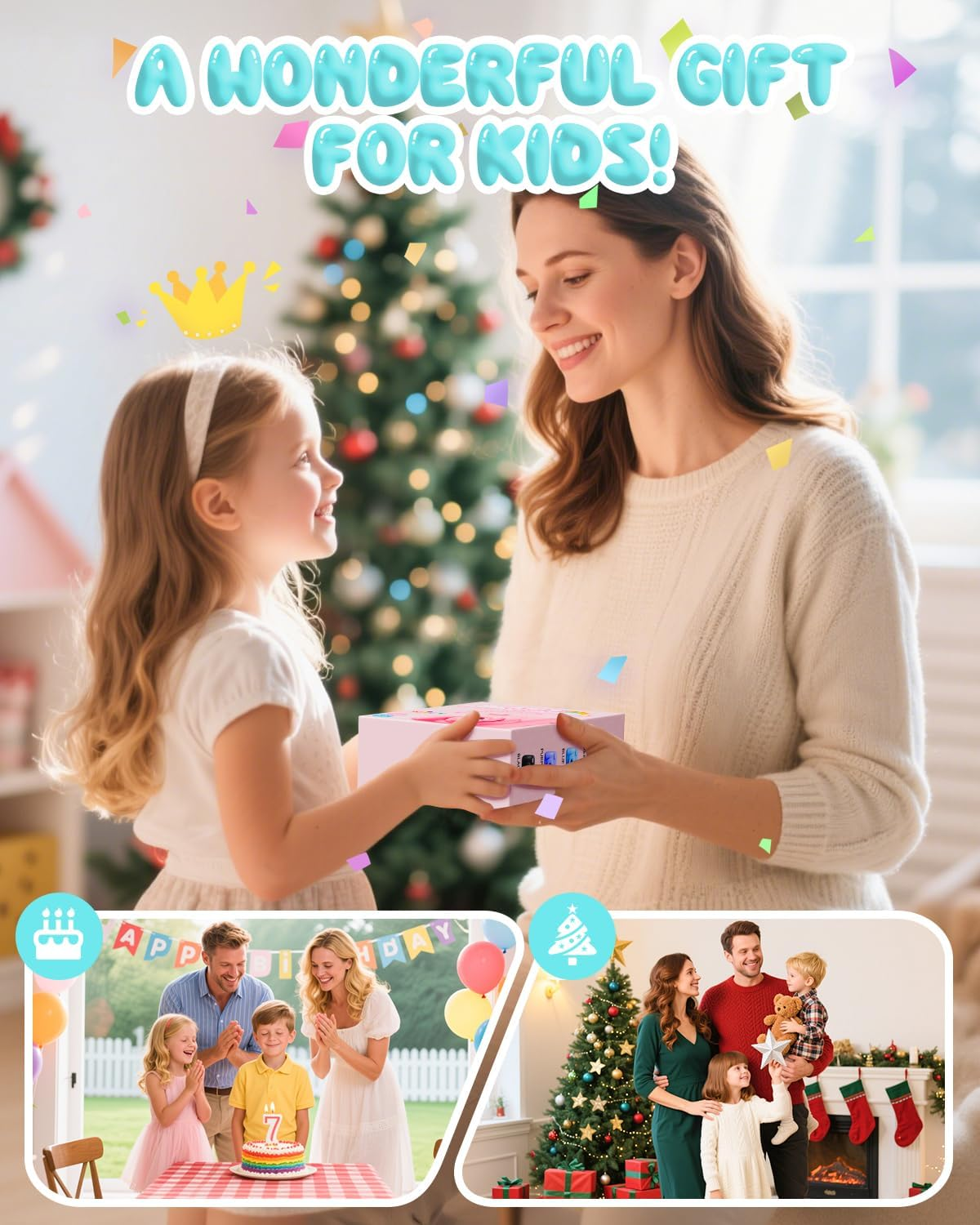 Eine Frau gibt einem Mädchen ein Geschenk. Insets zeigen eine Geburtstagsszene und eine Familie am Weihnachtsbaum. Text: Ein wunderbares Geschenk für Kinder!