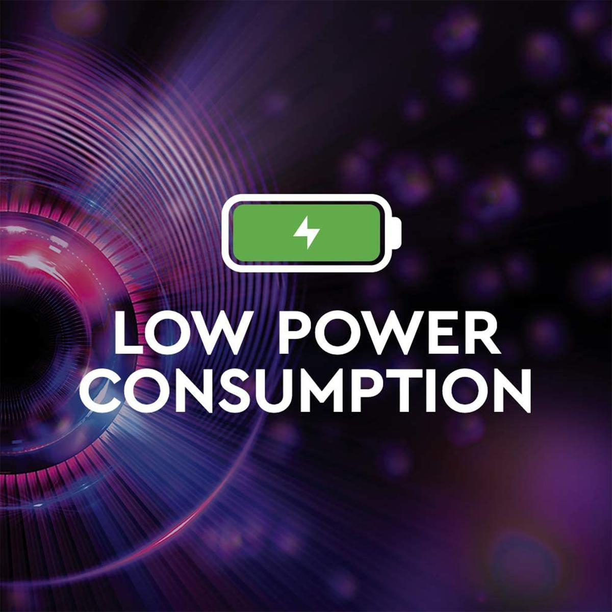 Das Bild zeigt ein grünes Batteriesymbol mit einem Blitz und die weißen Worte 'LOW POWER CONSUMPTION' auf einem lila Hintergrund.