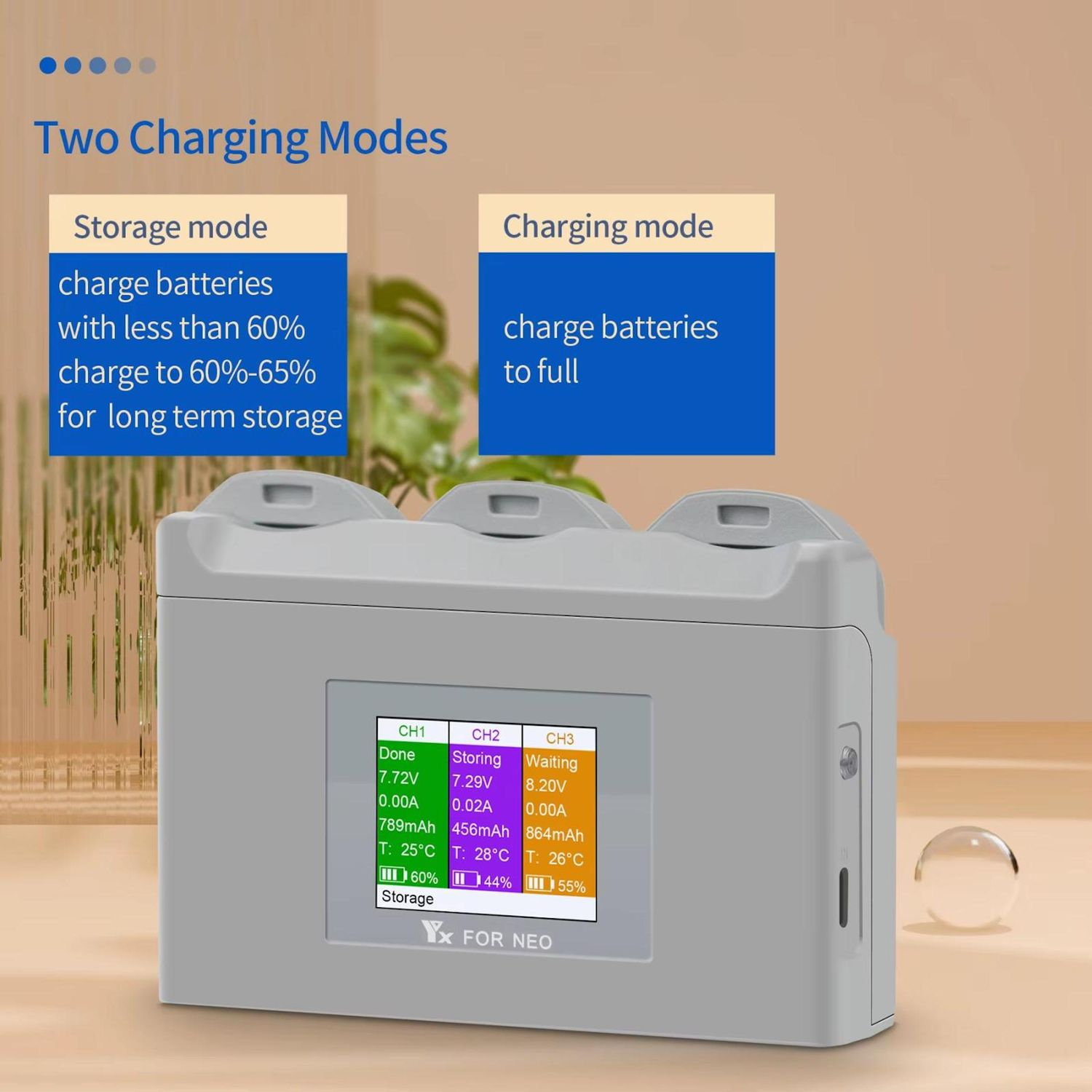 Un dispositivo elettronico con due modalità di ricarica. Mostra le informazioni sulla batteria, tra cui tensione, corrente e temperatura. Il display mostra lo stato della batteria.